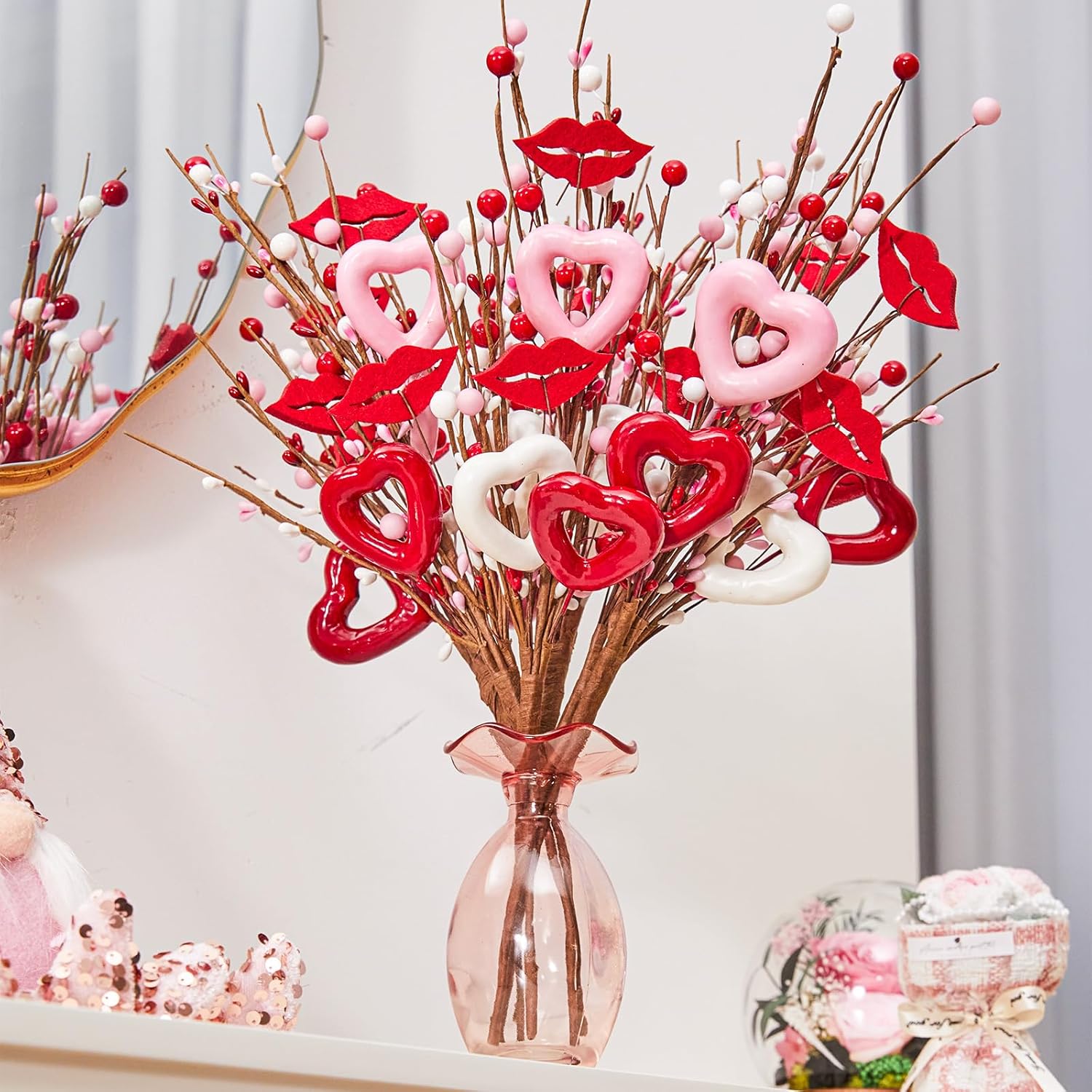 6Pcs Valentine'S Picks, Valentine Floral Picks Heart Lip Stems With With Red Pink White Berries, Valentines Day Artificial Flowers Arrangement For Valentines Wedding Gifts Home Decor