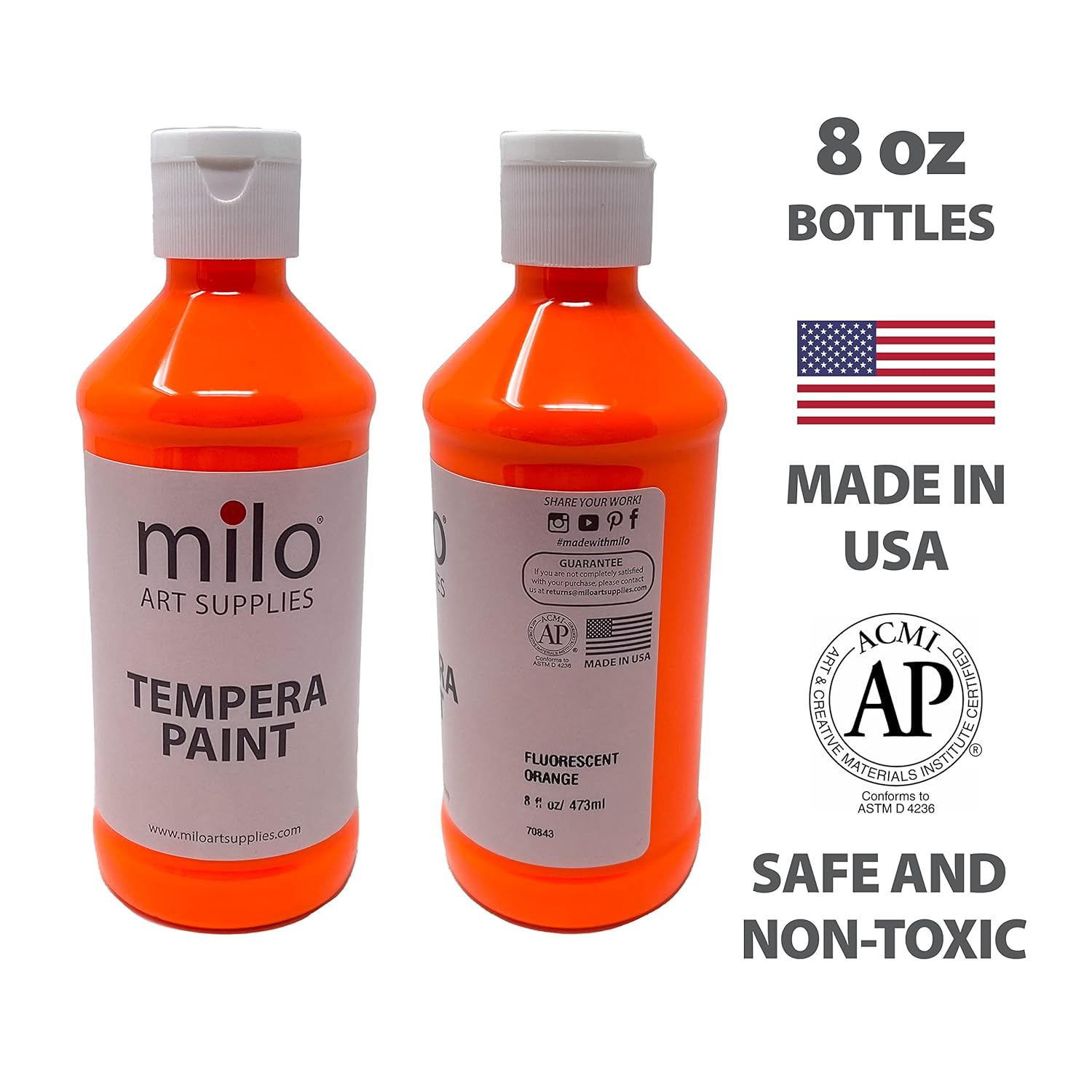 milo Fluorescent Neon Washable Paint | 8 oz Bottles 8 Colors | Made in the USA | Glows UV in Black Light | Safe & Non-Toxic Tempera Paint for Art & Craft, Poster, Window, Classroom, School