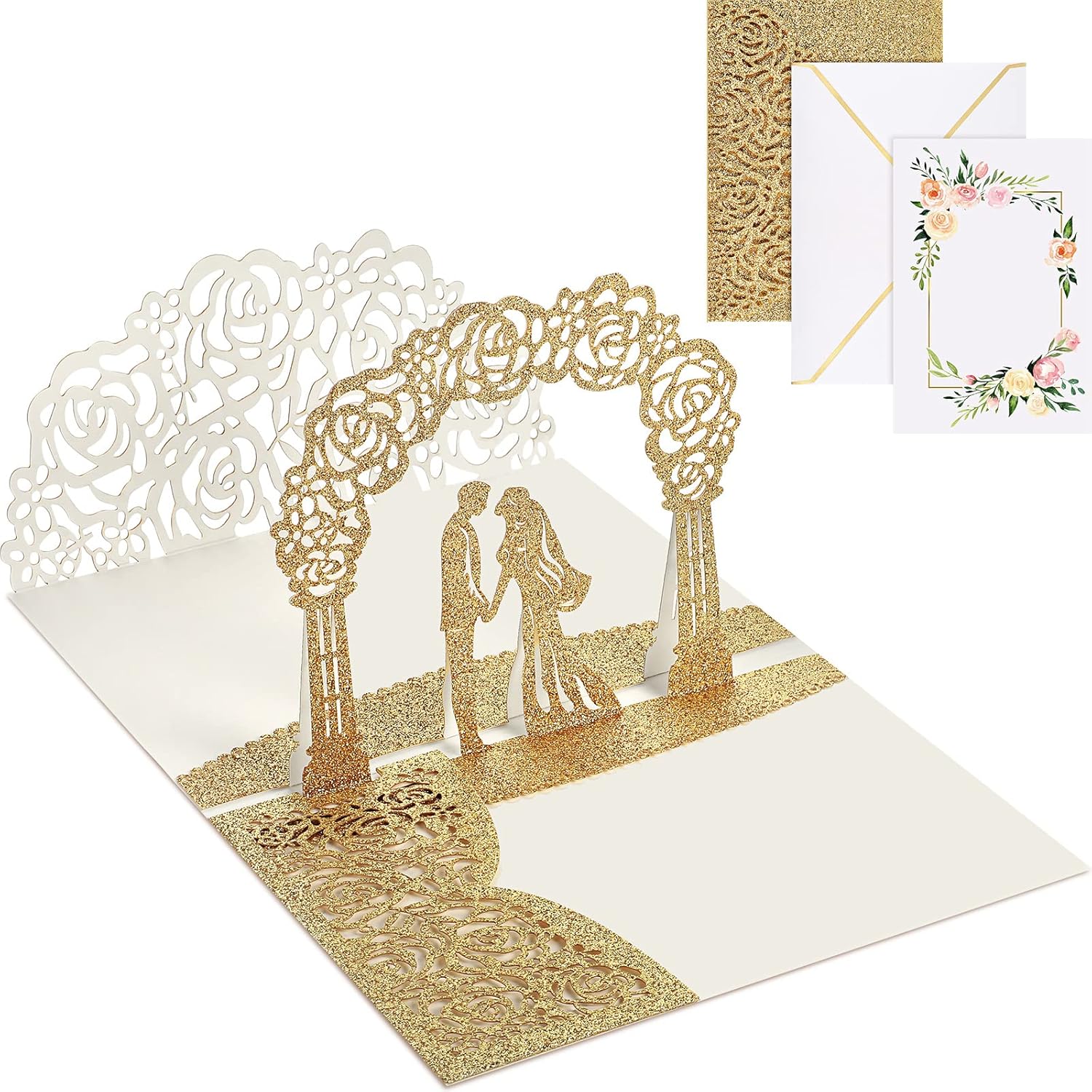 Wedding Pop Up Card Set 3D Greeting Anniversary Romantic Wedding Congratulations Card With Envelope For Bride And Groom Valentine Gift Engagement Party Supplies(Arched Door Style)