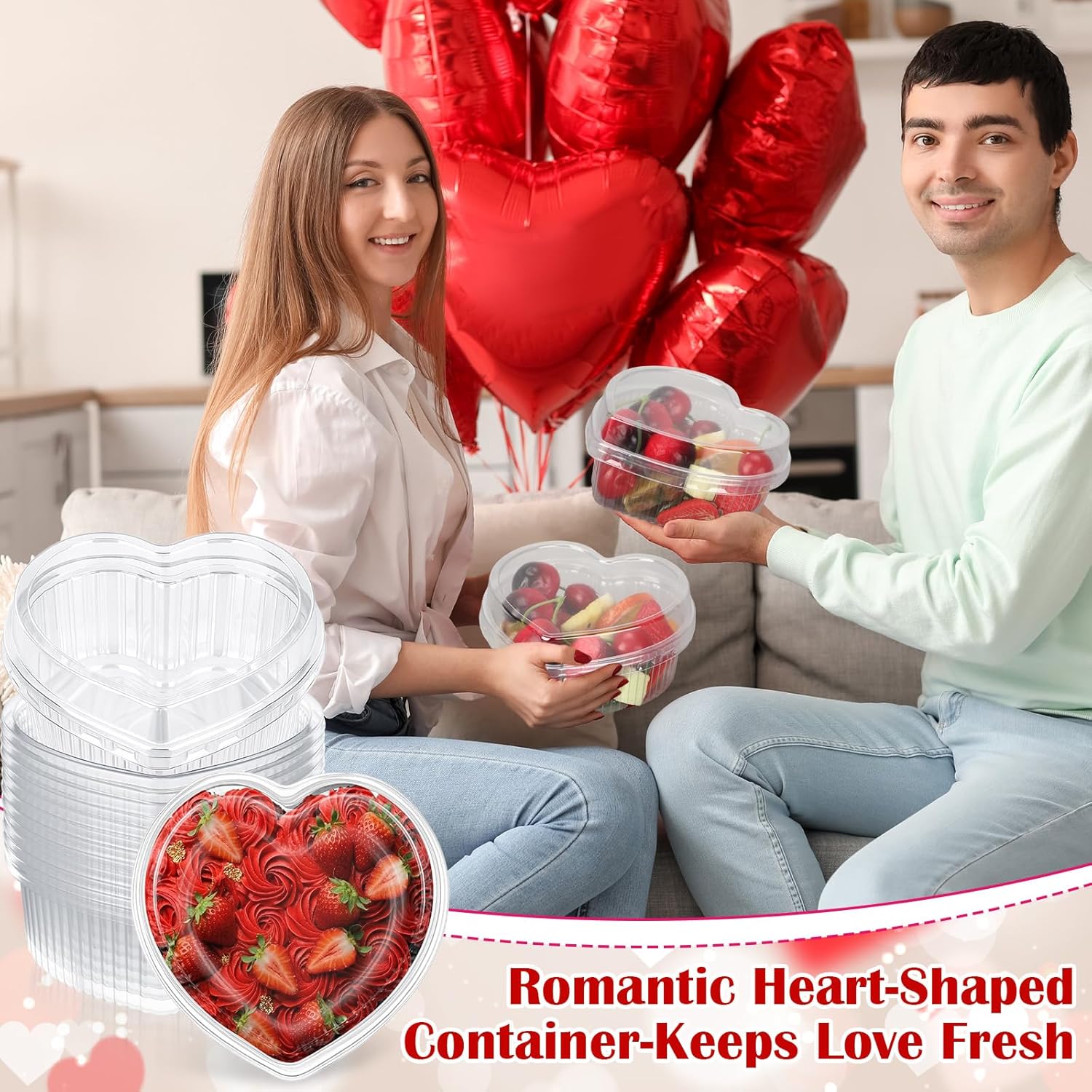 12 Pack Valentines Heart Shaped Food Storage Containers With Lid 16.9Oz Clear Plastic Cake Fruit Dessert Storage Box Containers Tray For Valentines Day Bakery Wedding Party Favor Packaging
