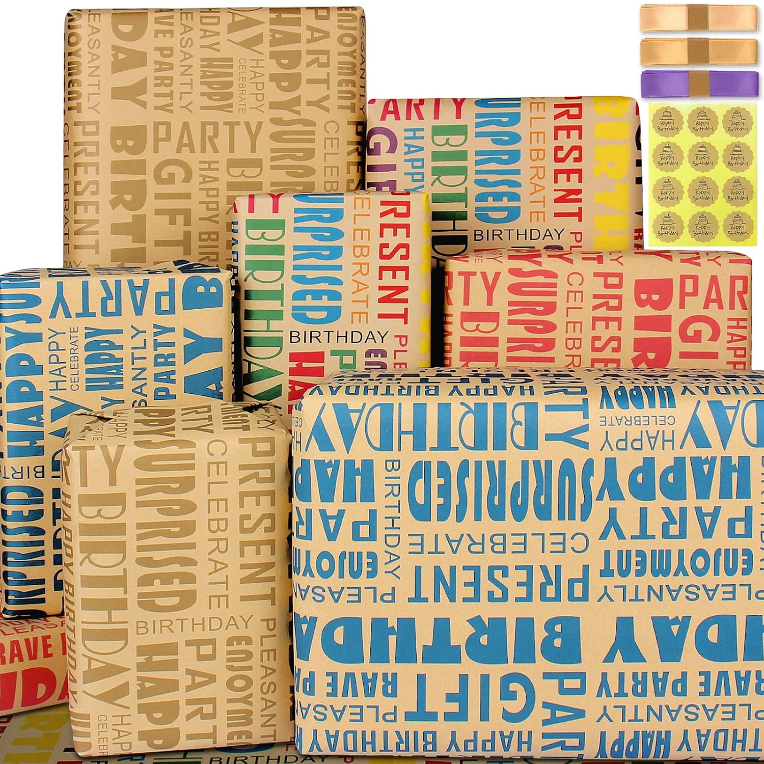 Brown Kraft Birthday Wrapping Paper And Ribbon Bow Set With Stickers For Boys, Girls, Men, Women And Kids - Recycled Gift Wrap (6 Sheets, 27.5"L X 19.6"W Per Sheet)