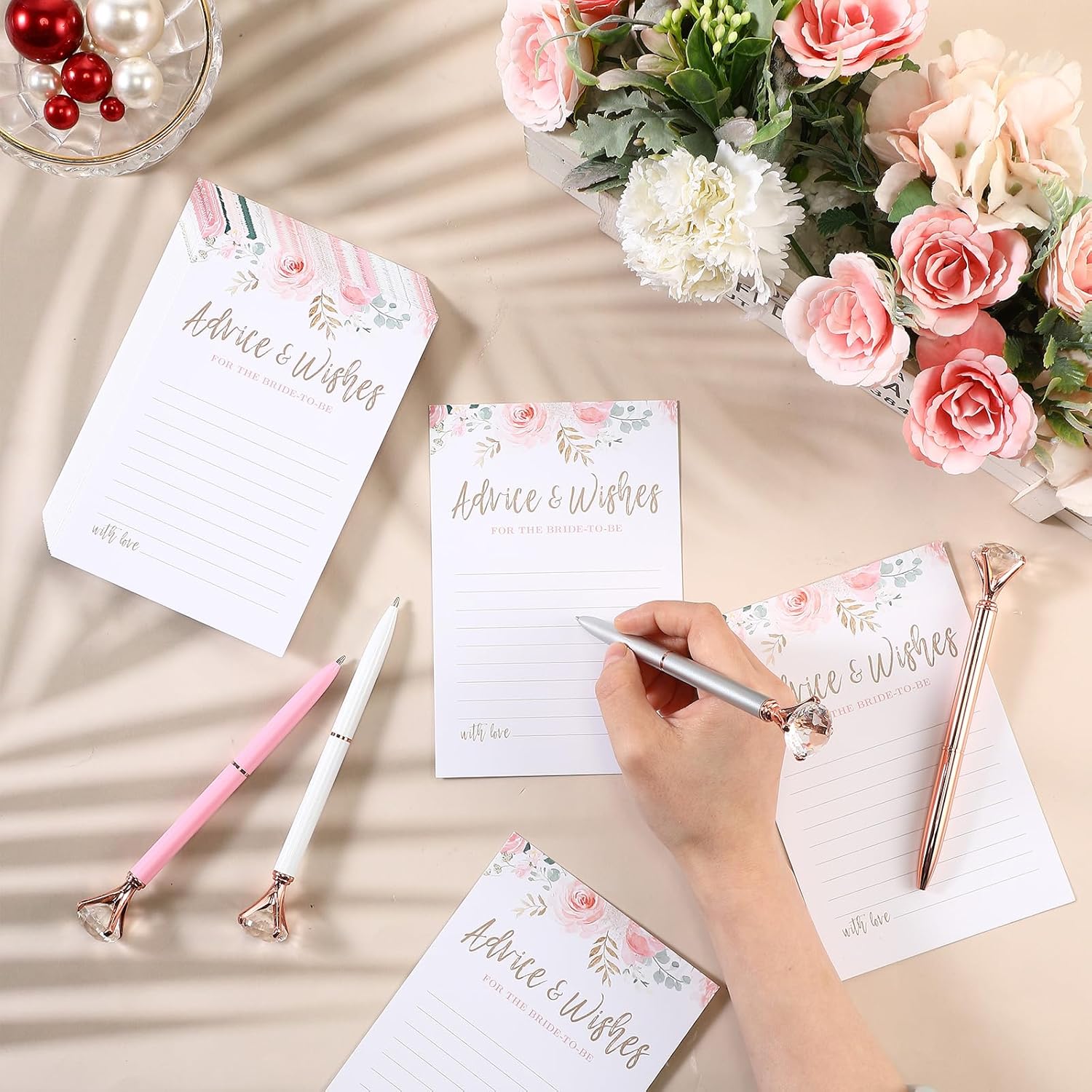 30 Pack Advice And Wishes Cards For The Mr And Mrs, Floral Wedding Advice Cards With Crystal Diamond Pen Rose Flower Bridal Shower Games For Guest
