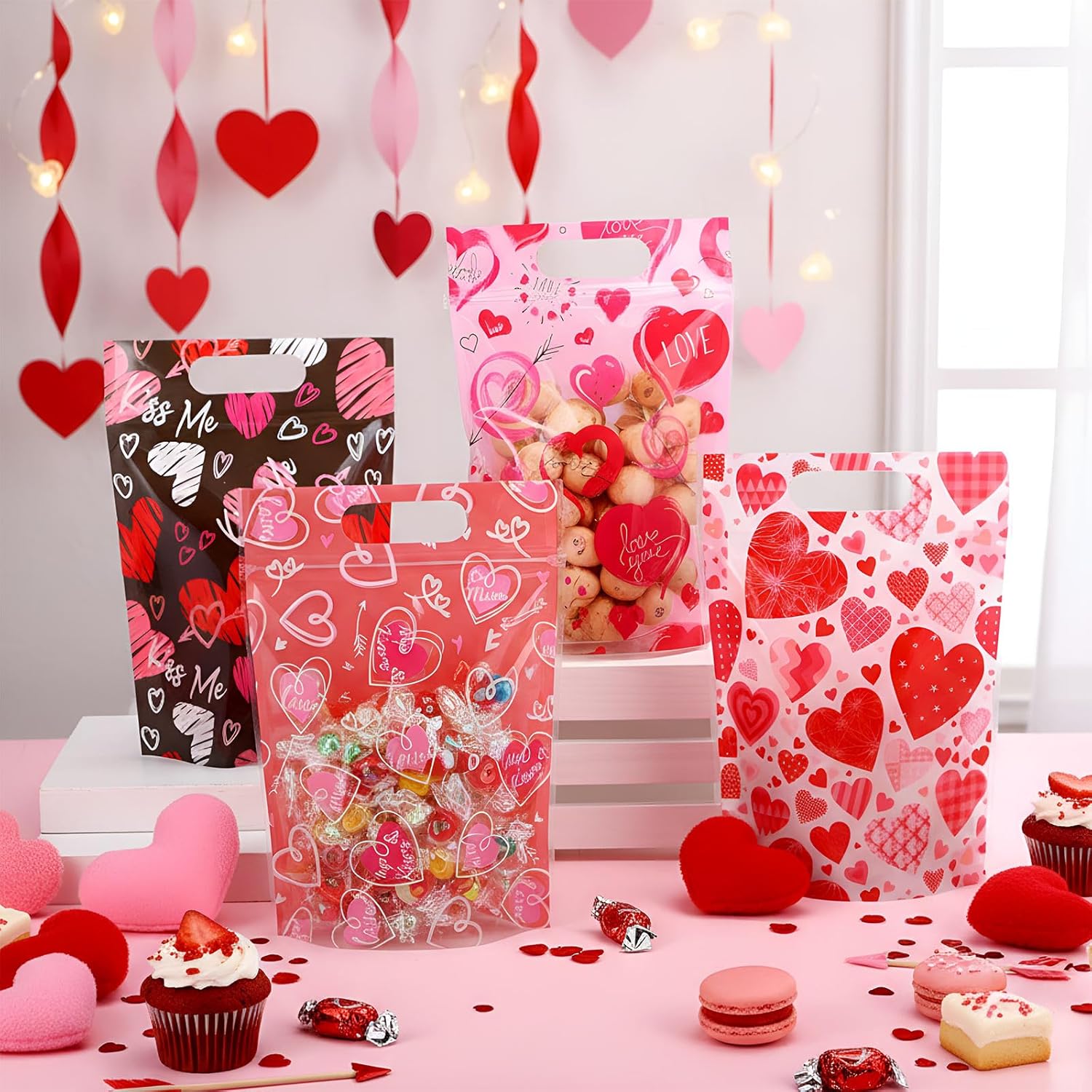 60 Pcs Valentine'S Day Sealing Candy Bags With Zipper Love Heart Treat Goodie Bag Valentines Sealing Pouches With Handles Plastic For Valentines Party Favor Classroom Exchange Prizes Supplies