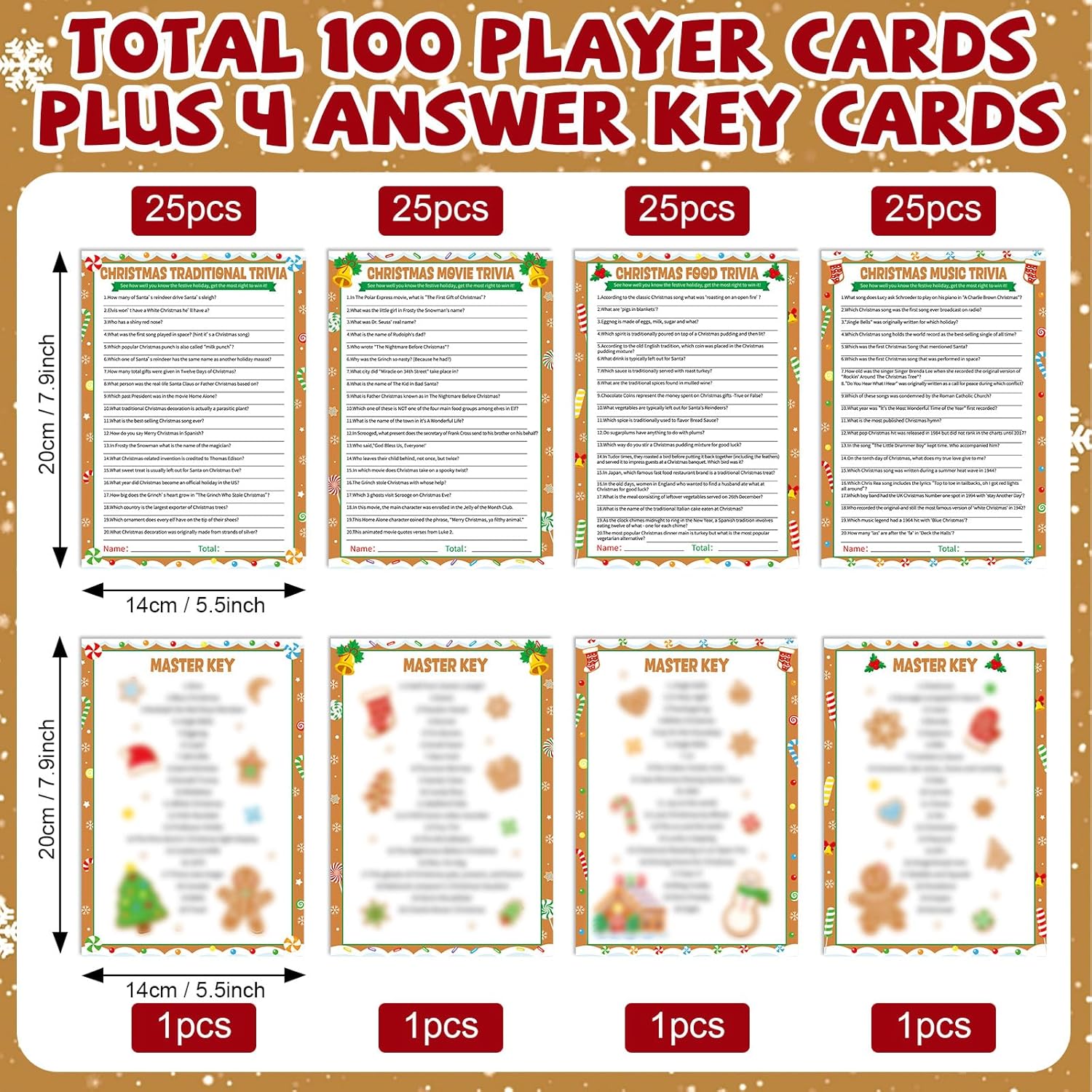 104Pcs Christmas Party Trivia Game Cards Xmas Festival Guessing Activity Christmas Question And Answer Cards For Adults Family Friends Coworkers Groups Winter Holiday Party Supplies (Gingerbread)