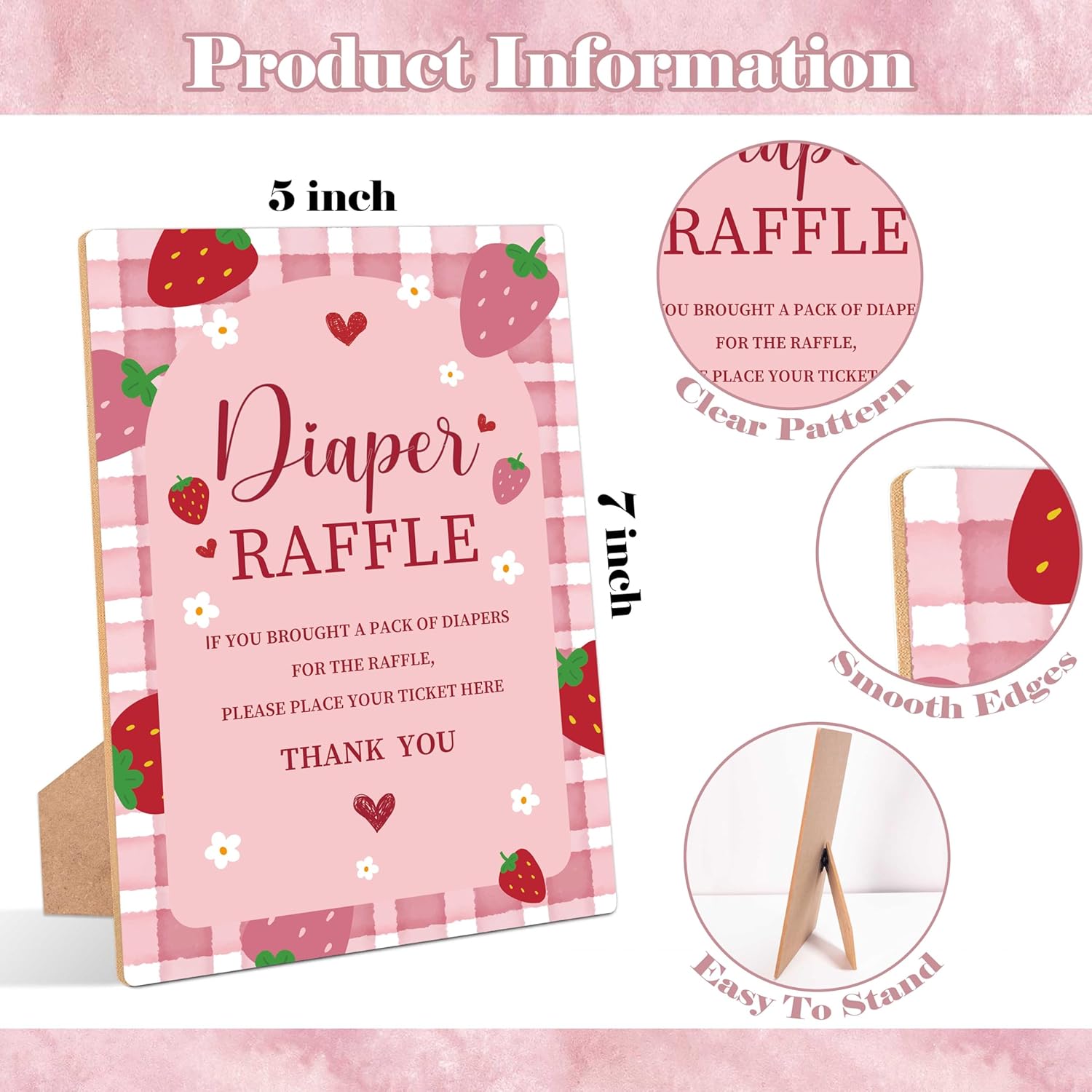 Strawberry Baby Shower Diaper Raffle, Pack Of 1 Wooden Tabletop Sign With Stand And 50 Diaper Raffle Tickets, Berry Baby Shower Game, Gender Reveal Party Decorations - Eh16