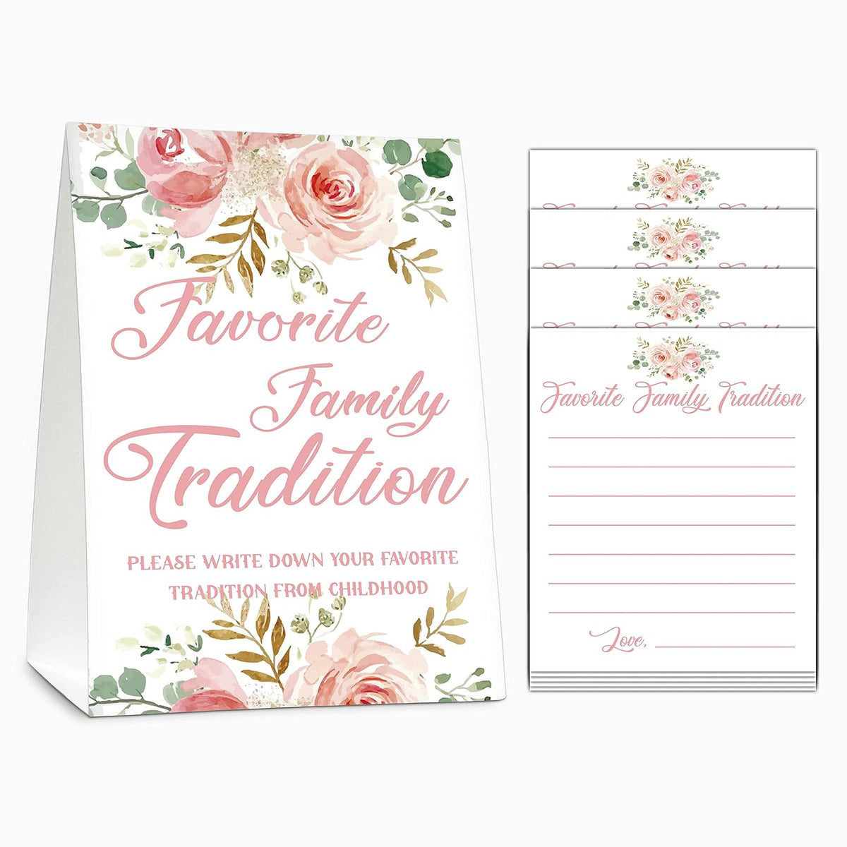 Baby Shower Game Set, Favorite Family Tradition, Floral Party Games(1 Standing Sign + 20 Note Cards), Blush Pink Baby Shower/Gender Reveal Party/Bridal Shower/Wedding Favor Decorations(A02)