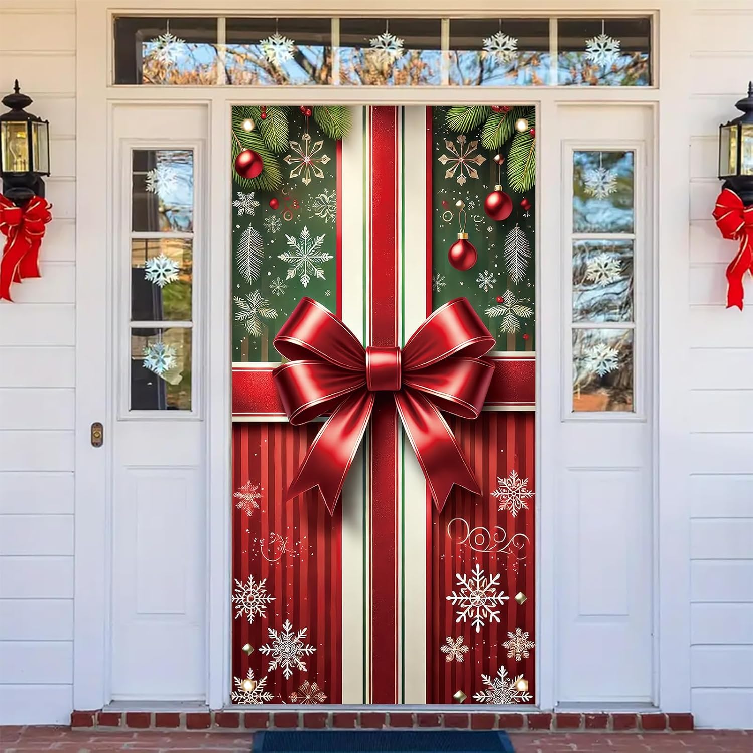 Christmas Door Cover Banner 35X71 Inch Holiday Front Door Decoration With Red Ribbon Bow Ornaments And Striped Gift Wrap Pattern For Xmas Winter Wall Hanging Seasonal Decor