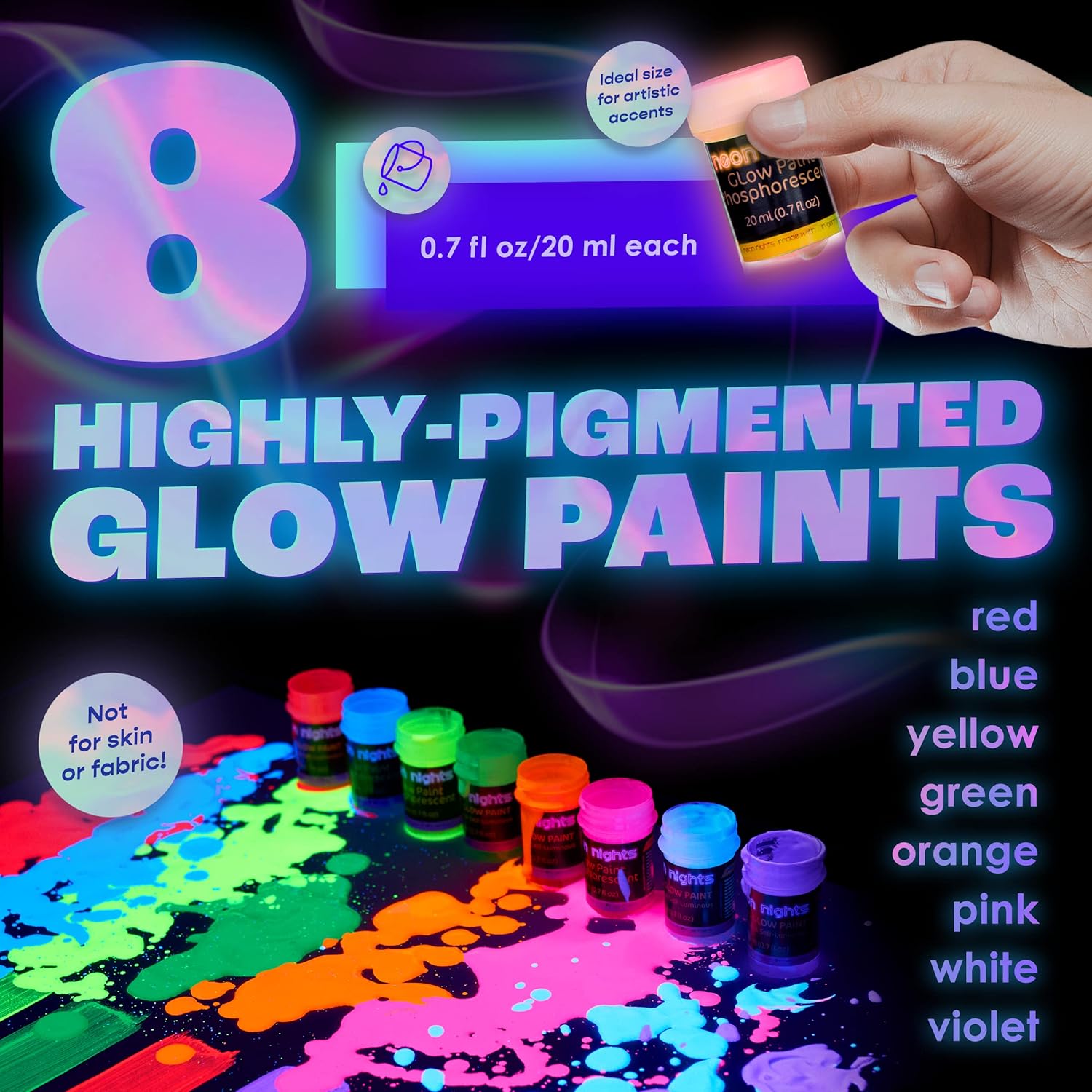 Glow In The Dark | Luminescent | Phosphorescent | Self-Luminous Paint - Set Of 8
