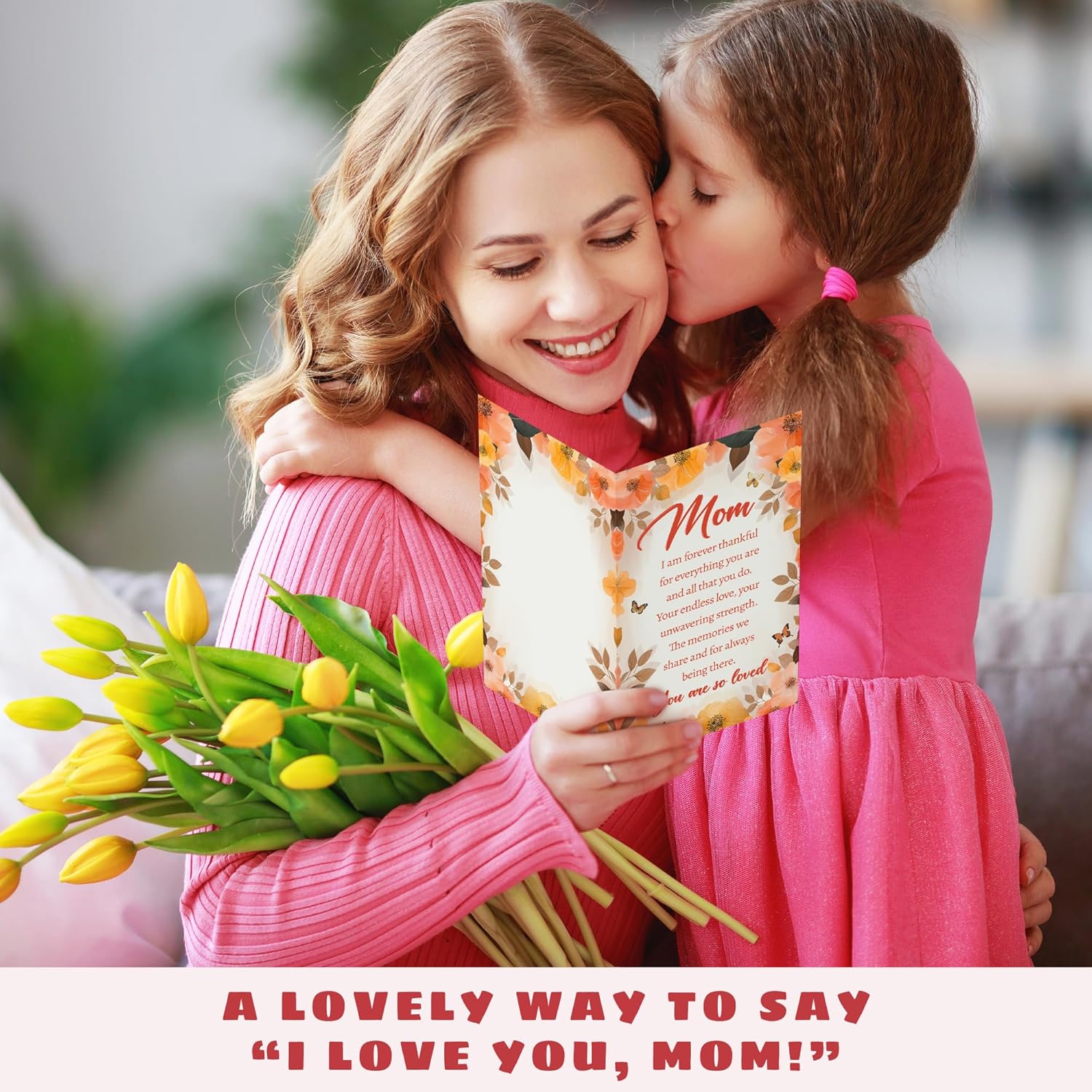Mothers Day Cards For Mom From Daughter, Son - Mother'S Day Card For Mom - Happy Flowers Mothers Days Cards From Kids - Single 5.3''X 8'' Folded Greeting Card With Red Envelope