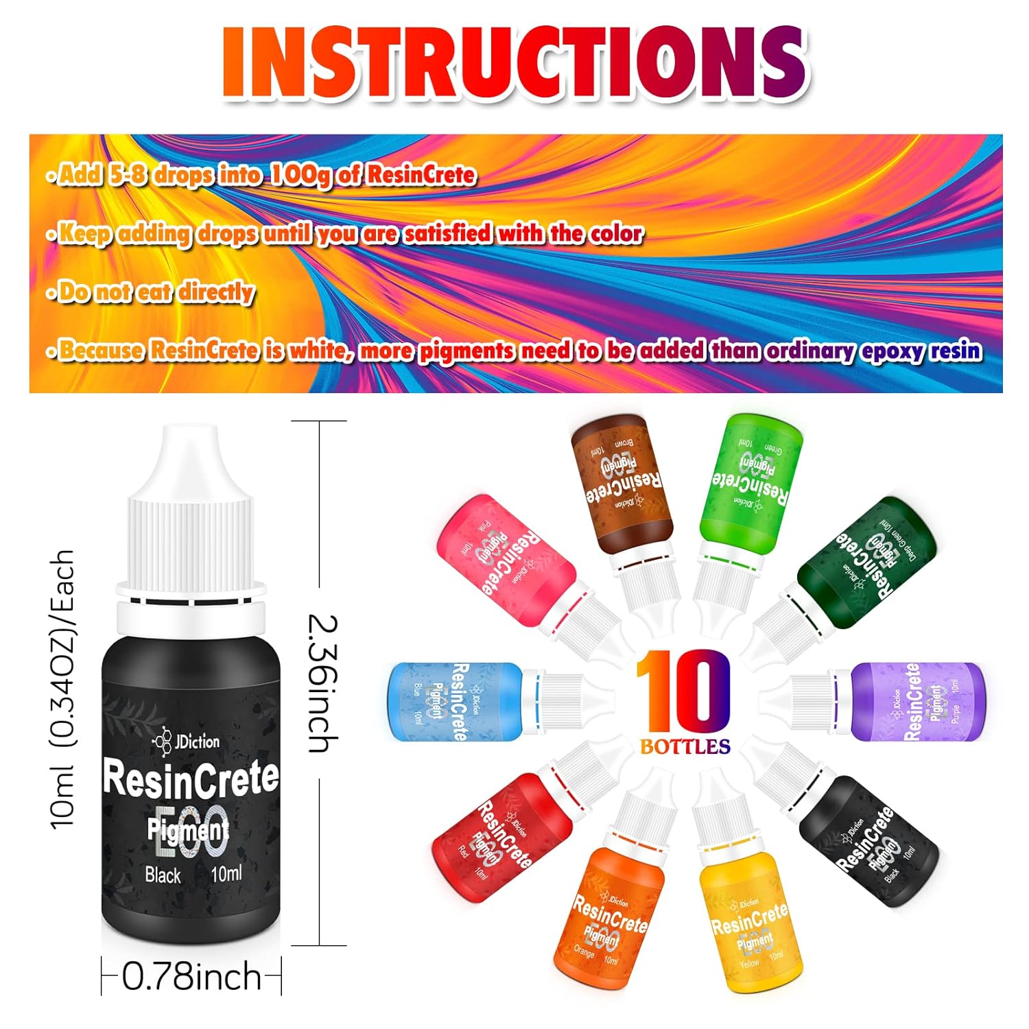 Resincrete Pigment, 10 Color Highly Concentrated Resincrete Dye For Diy Jewelry Making, Vivid Color Premium Quality Easy To Use For Paint, Craft-10Ml Each