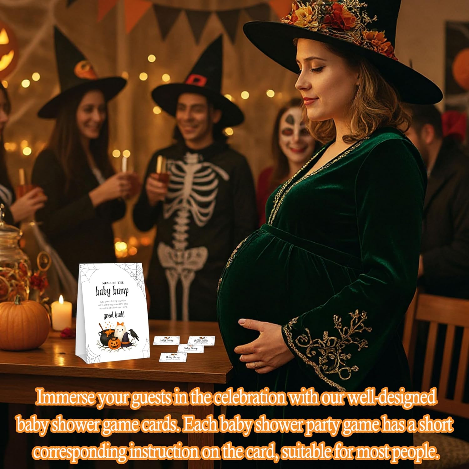 Halloween Baby Shower Games, Little Ghost Measure The Baby Bump For Spooky Gender Reveal Party Decorations, 1 Sign With 50 Guessing Cards - B06