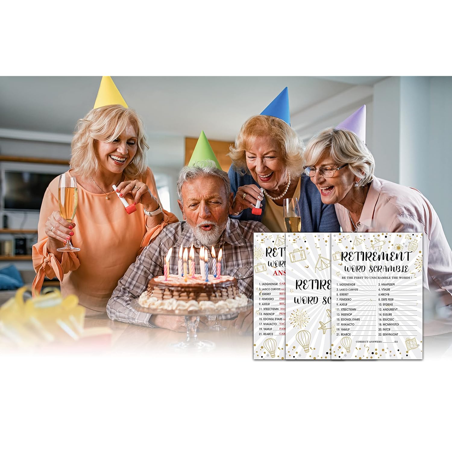 Retirement Party Games, Word Scramble Co-Worker Retirement Party Game Card, Gold Foil Retirement Party Ideas Activities Supplies Decorations(30 Game Cards & 1 Answer Card) - A07