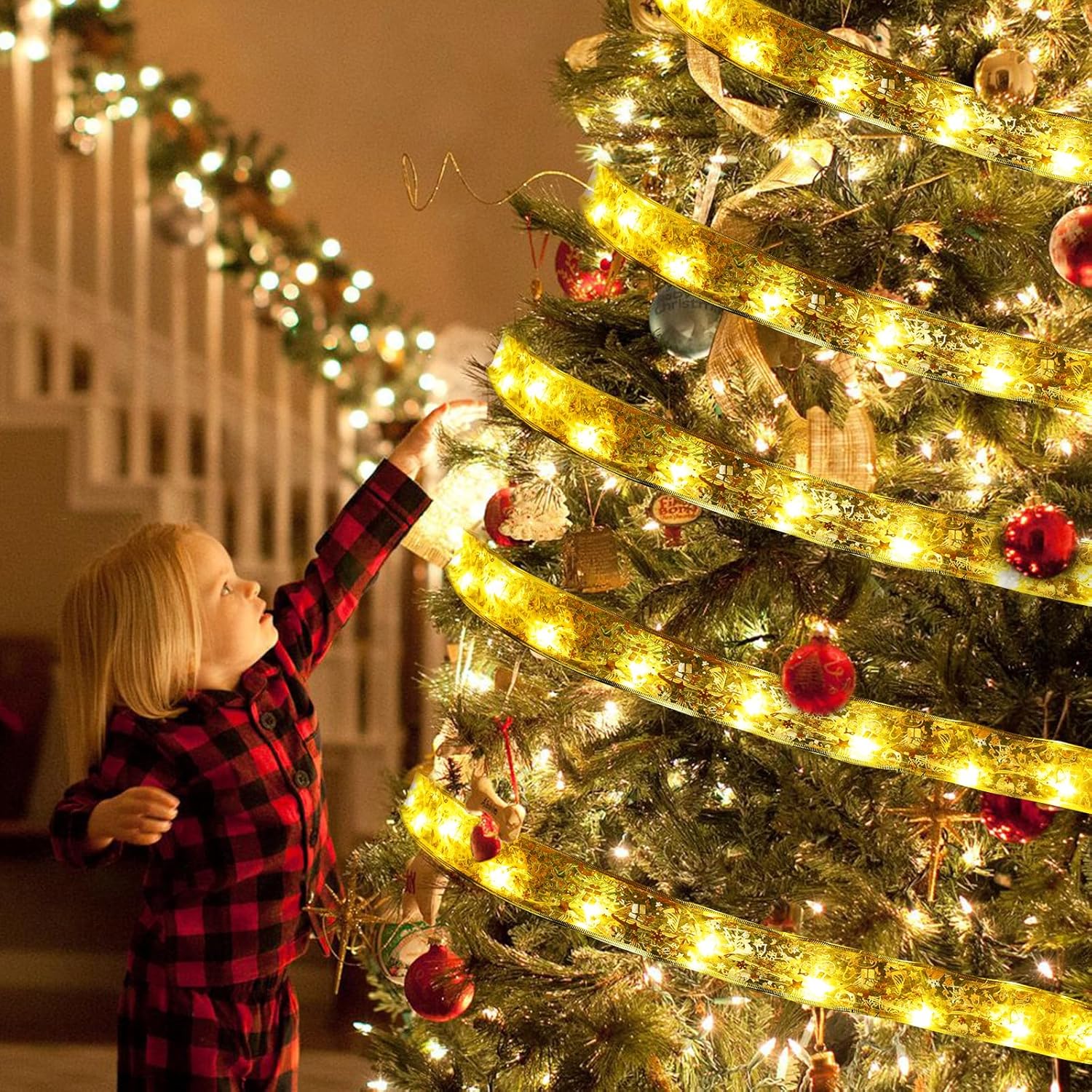 Christmas Ribbon Fairy Lights 2 Pack Total 100Led Usb& Battery Operated String Lights Timer 46Ft Christmas Lights Indoor