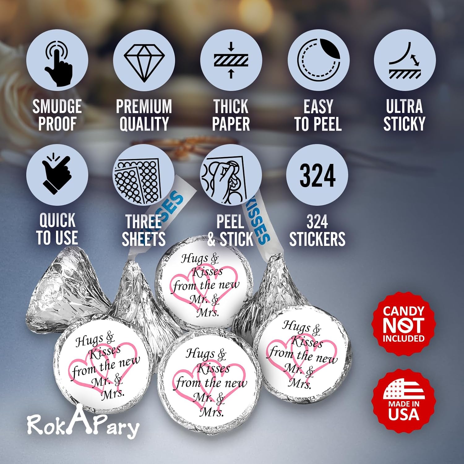 324 Hugs And Kisses From The New Mr. & Mrs. With Interlocking Hearts Wedding Stickers, Chocolate Drops Labels For Bridal Shower Engagement Party Decorations, Favors Decor For Kiss (Pink)