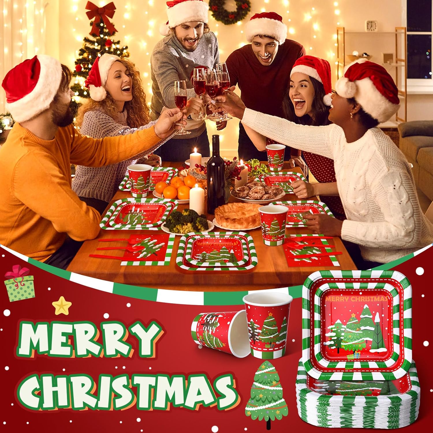 350 Pcs Paper Plates And Napkins Set Disposable Dinnerware Party Supplies Tableware Serve 50 Guest Cups Knife Forks Spoon(Red,Merry Christmas)