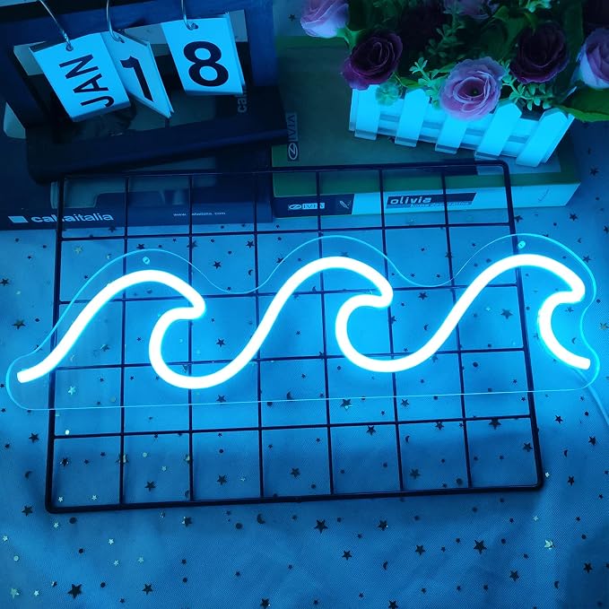 Wave Neon Sign Ice Blue Dimmable LED Wall Light for Bedroom Living Room Office Bar Decor