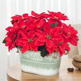 Artificial Poinsettia Christmas Centerpiece, Red Faux Flowers Arrangement In Green Metal Planter With Floral Patterns & Jute Rope Handles, Tabletop Xmas Decoration For Home Décor Gifts