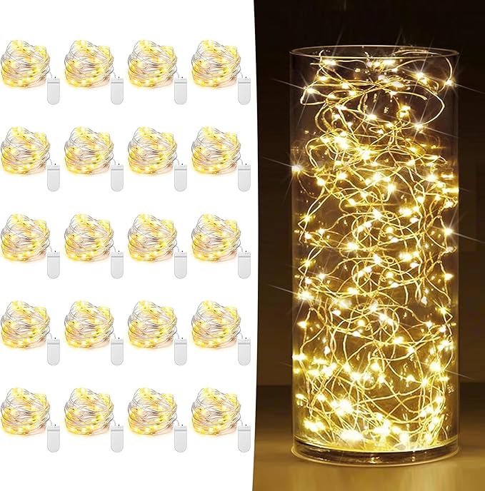 20 Pack Battery Operated Fairy Lights 7FT 20 LED Warm White Mini String Lights Silver Wire Firefly Twinkle Lights for Mason Jars Wedding Party Christmas Decor