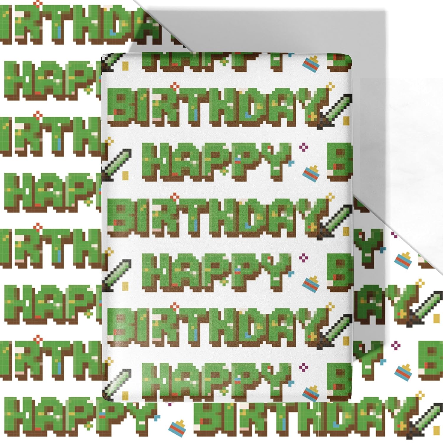 Pixel Style Birthday Wrapping Paper - 4 Jumbo Sheets, 28 * 40 Inches - Retro Video Gaming Gift Wrap, Perfect For Birthday Christmas