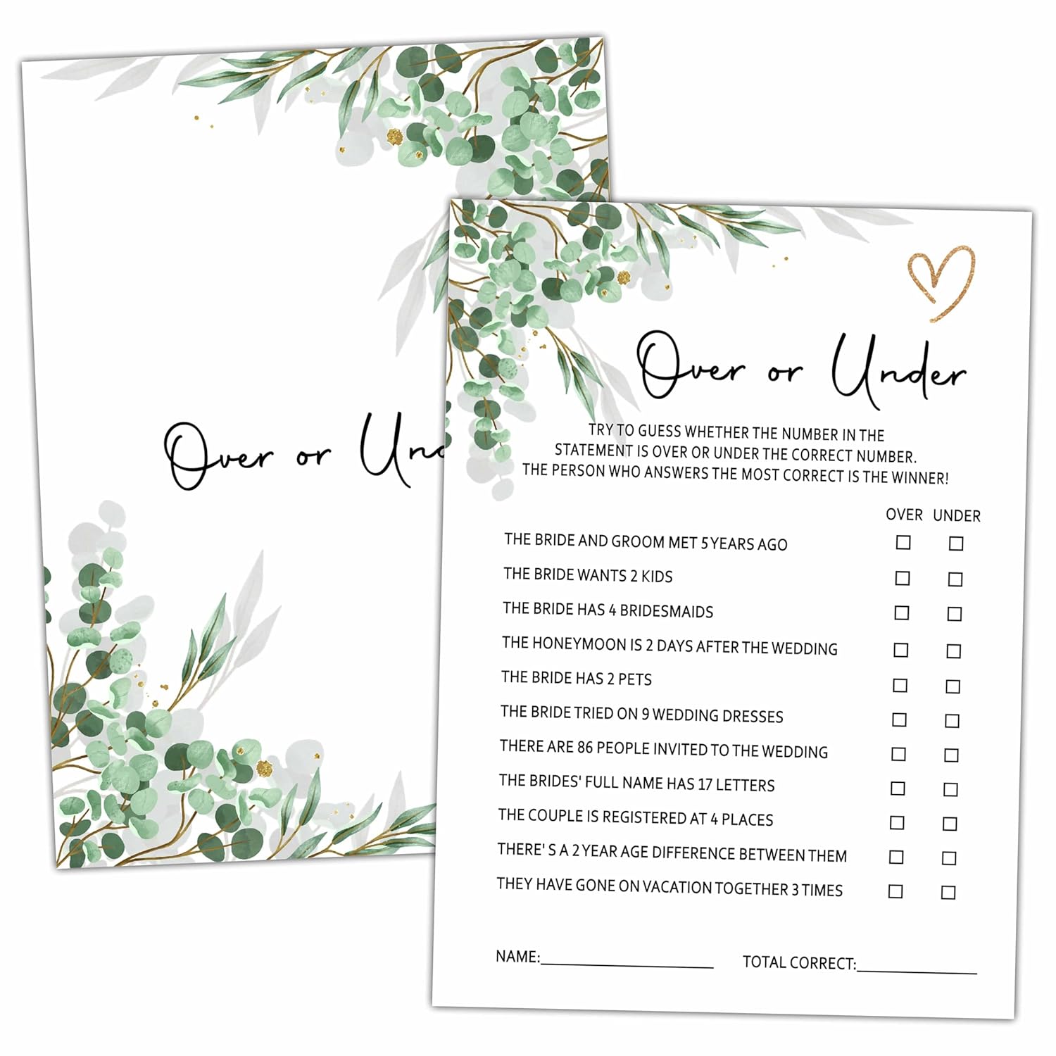 Bridal Shower Party Games, Over Or Under Minimalist Wedding Shower Game For Adults, 25 Eucalyptus Greenery Engagement Party Games Cards (5" X 7"), Bachelorette Party Supplies Decorations -02