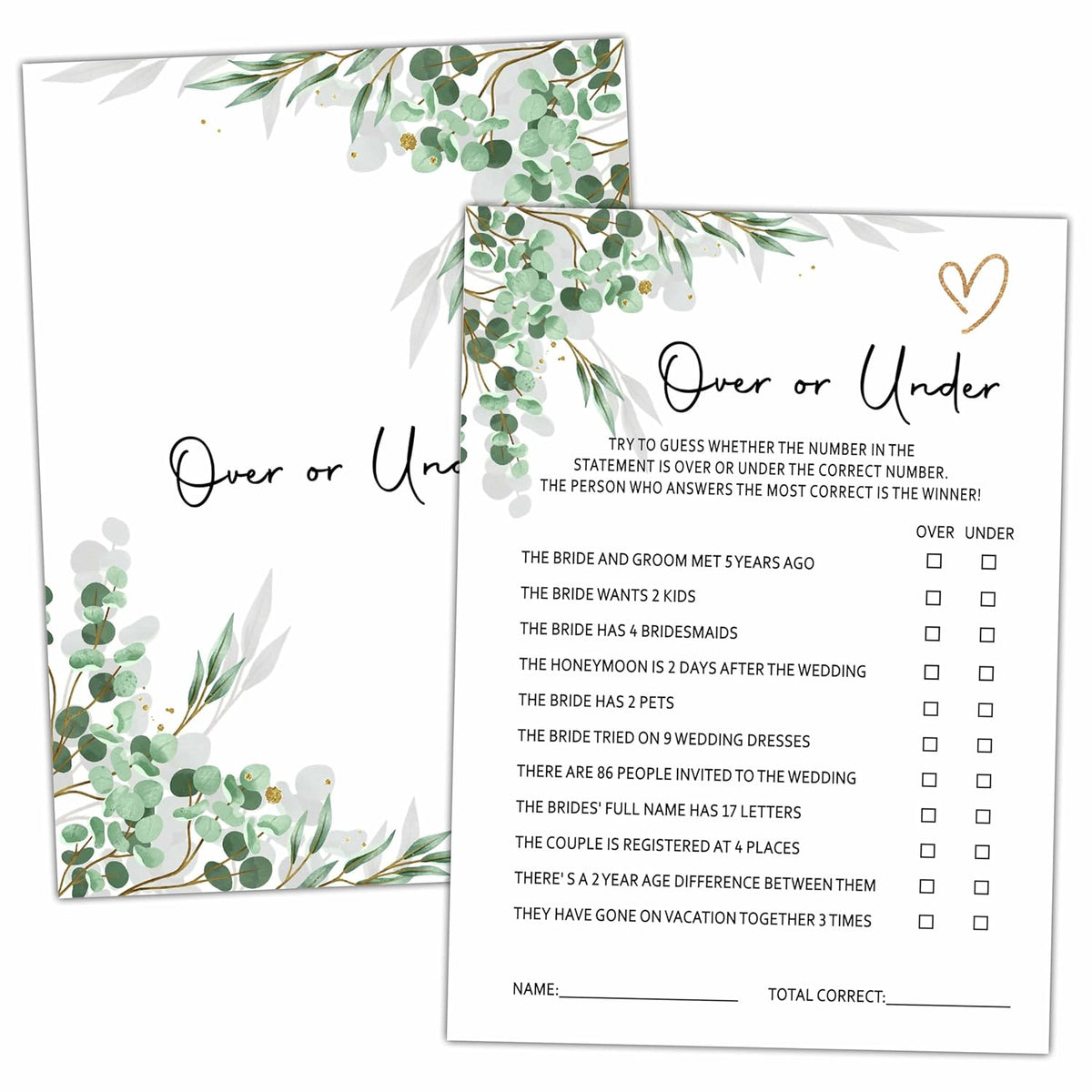 Bridal Shower Party Games, Over Or Under Minimalist Wedding Shower Game For Adults, 25 Eucalyptus Greenery Engagement Party Games Cards (5" X 7"), Bachelorette Party Supplies Decorations -02
