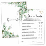 Bridal Shower Party Games, Over Or Under Minimalist Wedding Shower Game For Adults, 25 Eucalyptus Greenery Engagement Party Games Cards (5" X 7"), Bachelorette Party Supplies Decorations -02