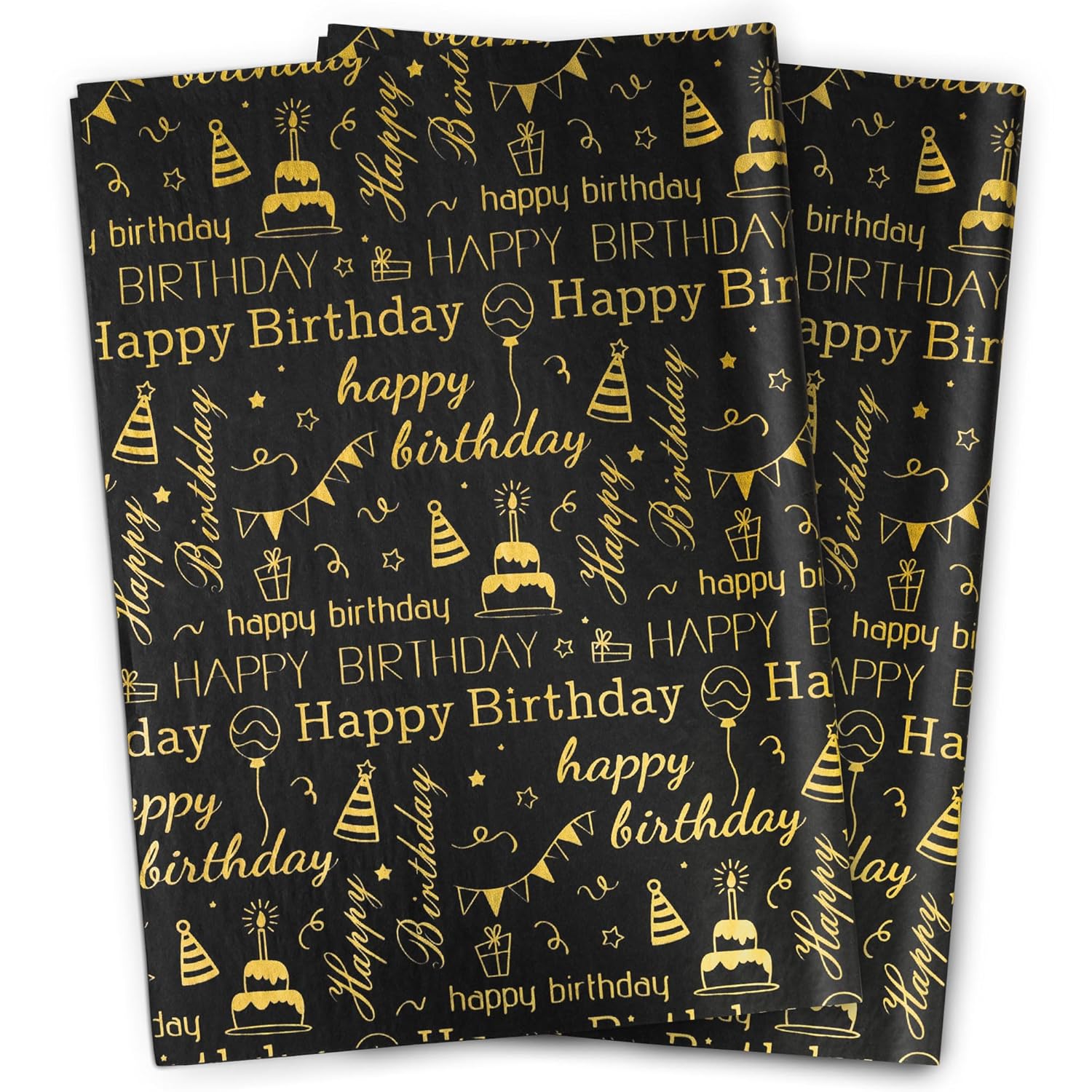 Large Black Gold Birthday Tissue Paper, 20" X 28", Black With Gold Happy Birthday Design For Gift Bags, 30 Sheets