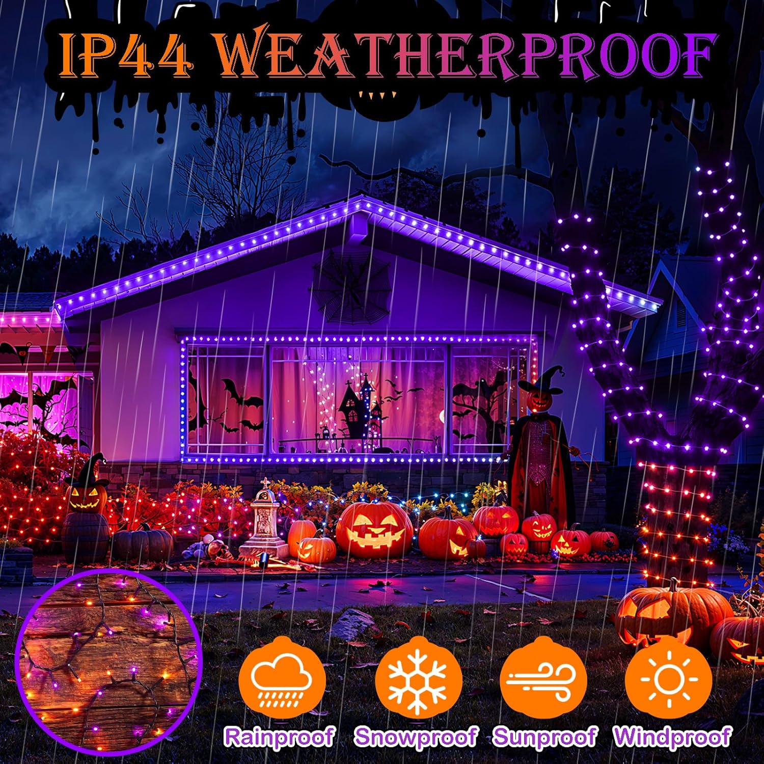 Halloween String Lights Outdoor Indoor Waterproof 300Led 105Ft Ul Certified With End-To-End Plug 8 Modes, Decoration Lights For Christmas Tree Patio Garden Wedding Party Orange Purple