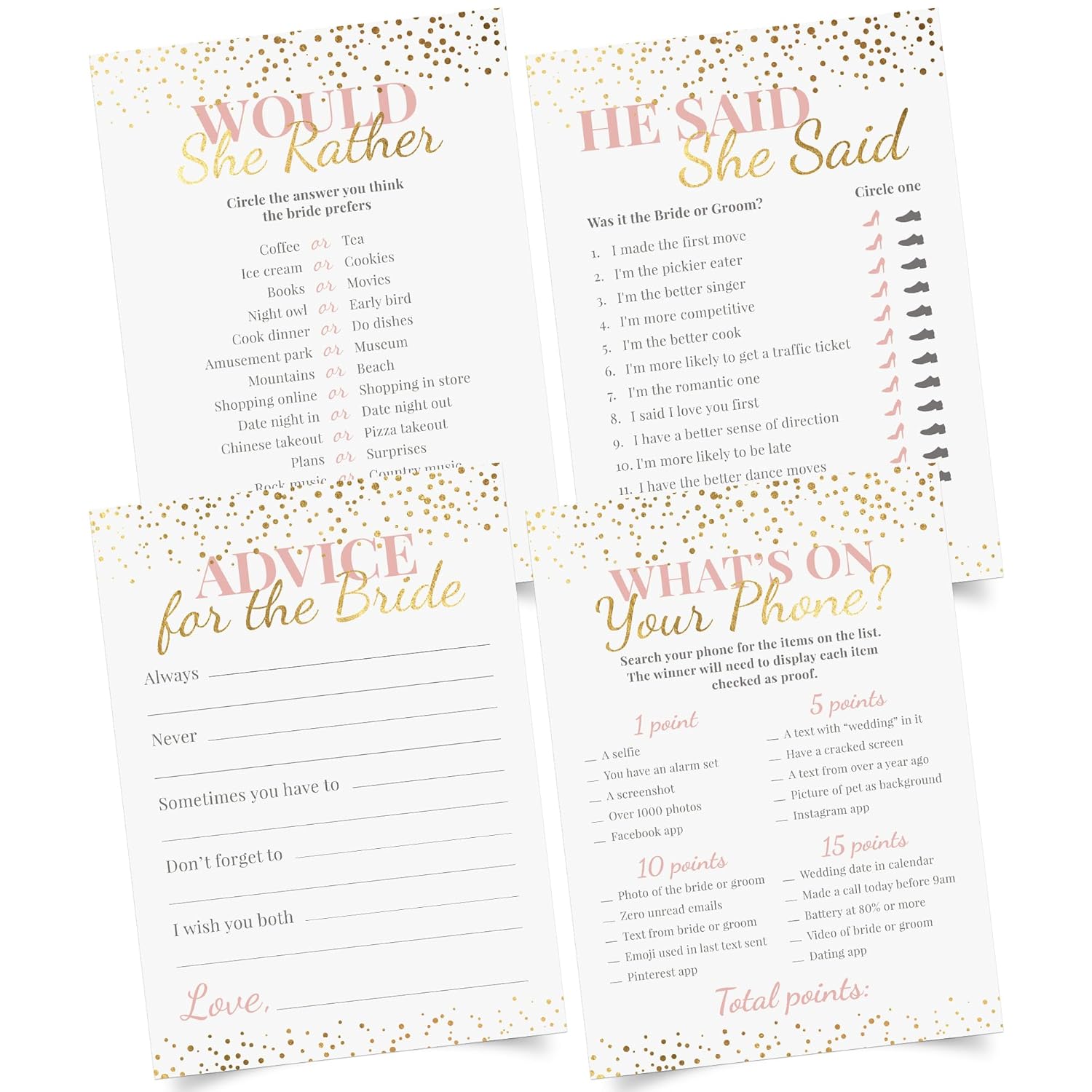 Bridal Shower Games + Advice Cards - For 30 Guests - 4 Activities On Double Sided Cards Includes 3 Games & 1 Advice Card - Pink With Gold Metallic Details For Wedding Showers- Set Of 4 Activities