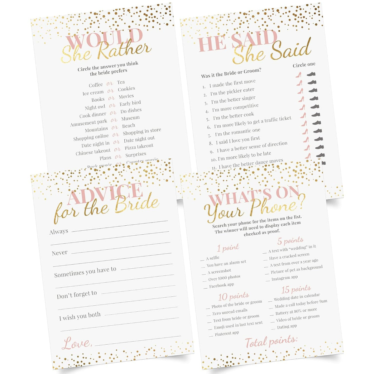 Bridal Shower Games + Advice Cards - For 30 Guests - 4 Activities On Double Sided Cards Includes 3 Games & 1 Advice Card - Pink With Gold Metallic Details For Wedding Showers- Set Of 4 Activities