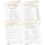 Bridal Shower Games + Advice Cards - For 30 Guests - 4 Activities On Double Sided Cards Includes 3 Games & 1 Advice Card - Pink With Gold Metallic Details For Wedding Showers- Set Of 4 Activities