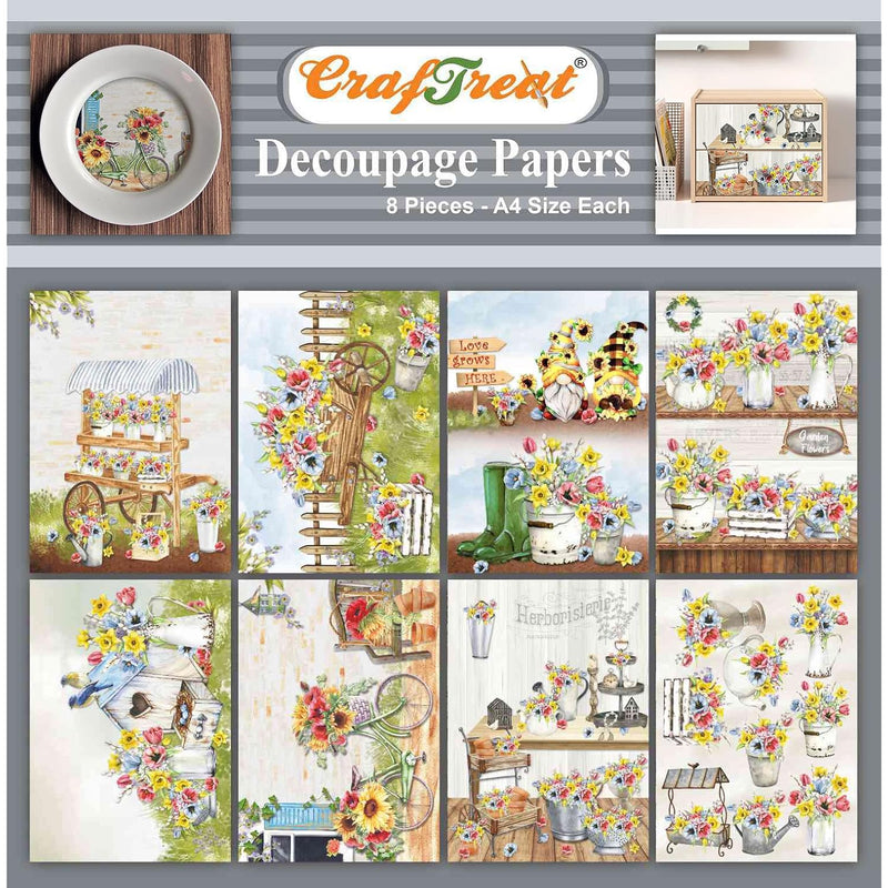 Decoupage Paper - 8Pcs A4 Size (8.3 X 11.7 Inch) Garden Flowers Designed Craft