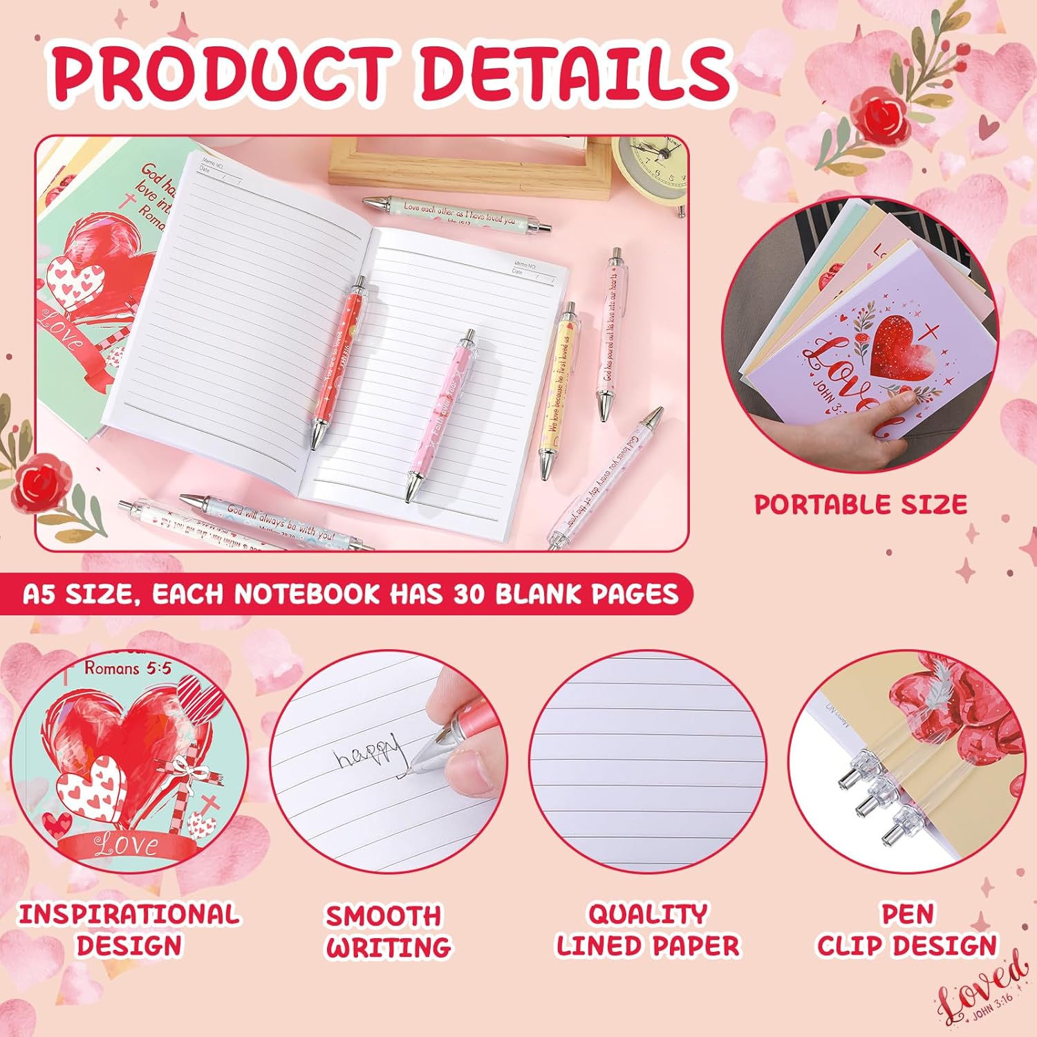 18 Pcs Christian Valentine'S Day Notebooks & Pens Set 9 Religious Bible Journals 9 Verse Jesus Ballpoint Pens, Faith Stationery Gift For Women, Church Members, Study Group, Vbs Sunday School