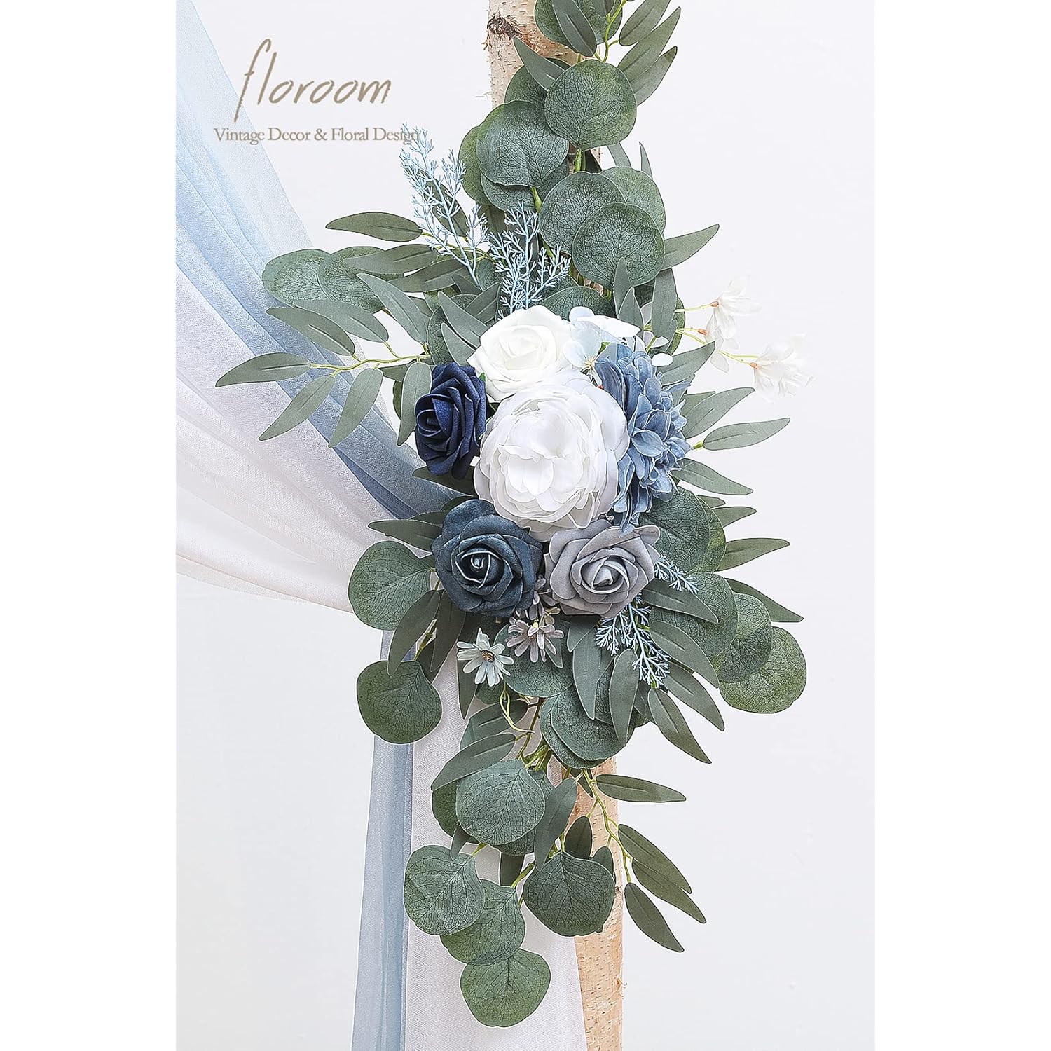 Arch Flowers With Drapes Kit (Pack Of 4) - 2Pcs Artificial Dusty Blue & Navy Blue Floral Swag Arrangement With 2Pcs Draping Fabric For Wedding Ceremony Arbor And Reception Backdrop Decoration