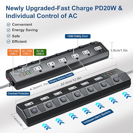 USB C Power Strip 6 Outlets 4 USB 70W Charging Station PD 20W 5FT Wall Mount