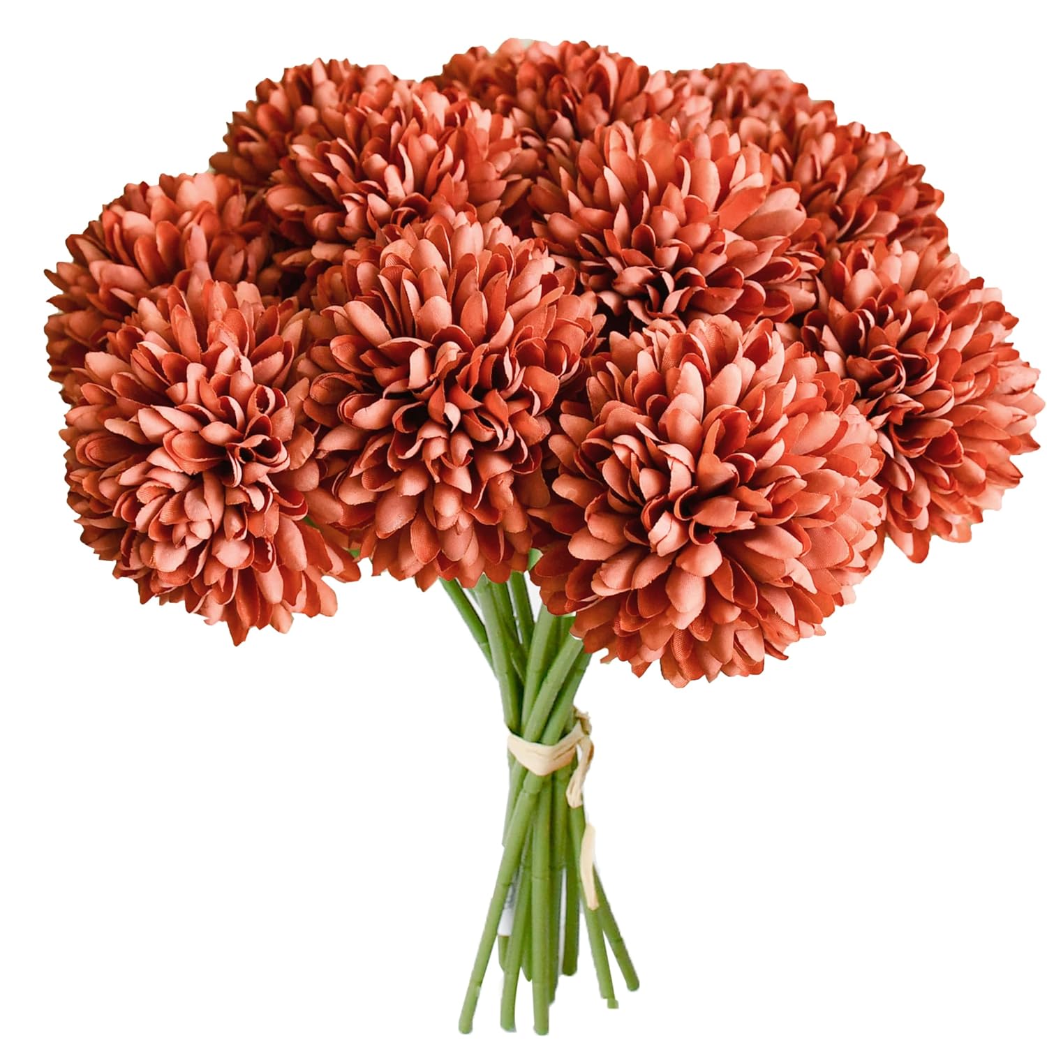 Burnt Orange Artificial Ball Chrysanthemum 12 Stems Faux Flowers With Bendable Stems For Valentine'S Day And New Year Decorations Diy Wedding Centerpiece Fall Decor Home Arrangements