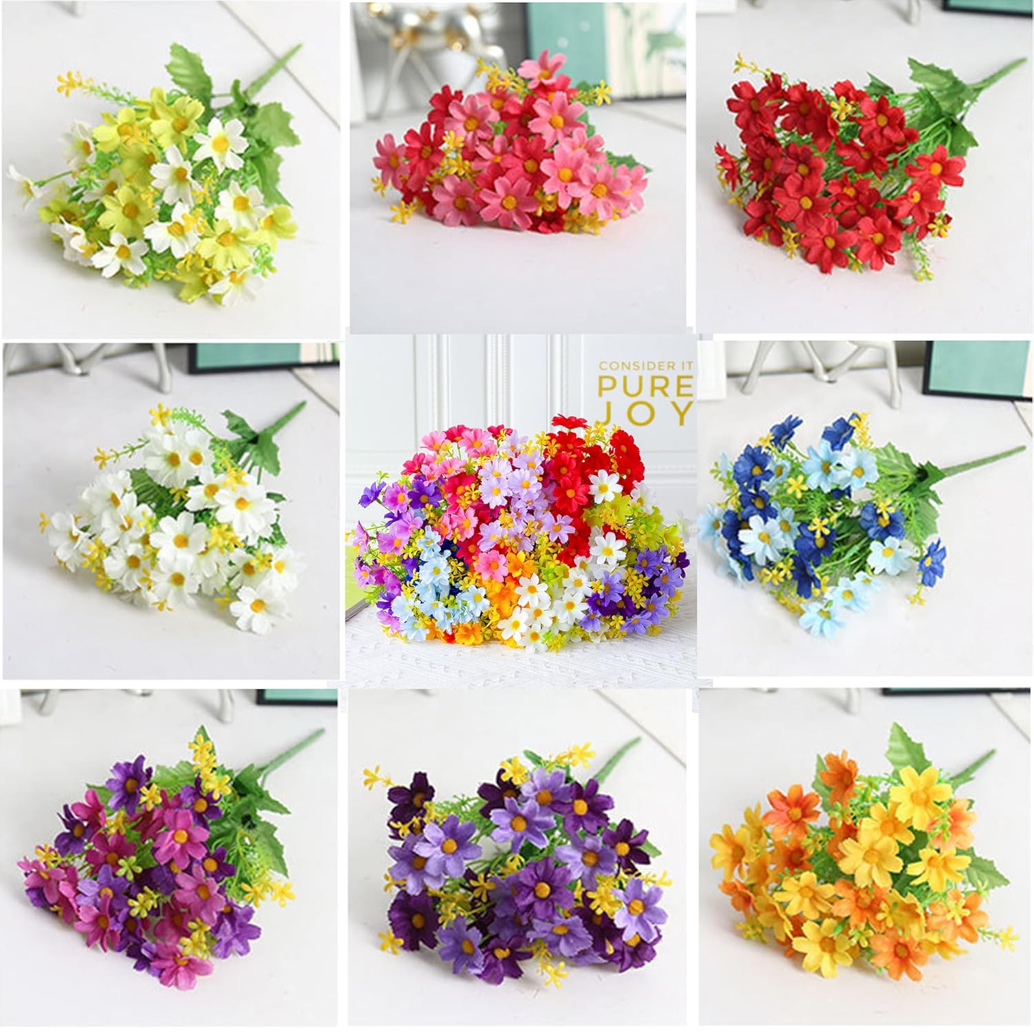 Artificial Silk Daisy Flowers 8 Bundles 8 Colours Faux Plastic Uv Resistant Flowers For Outdoor Indoor Graveyard Decoration In Vase