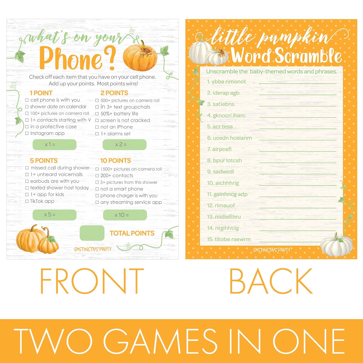 Orange Little Pumpkin Baby Shower Games, Phone Hunt And Word Scramble 2 Game Bundle - 20 Cards, Little Pumpkin Gender Reveal