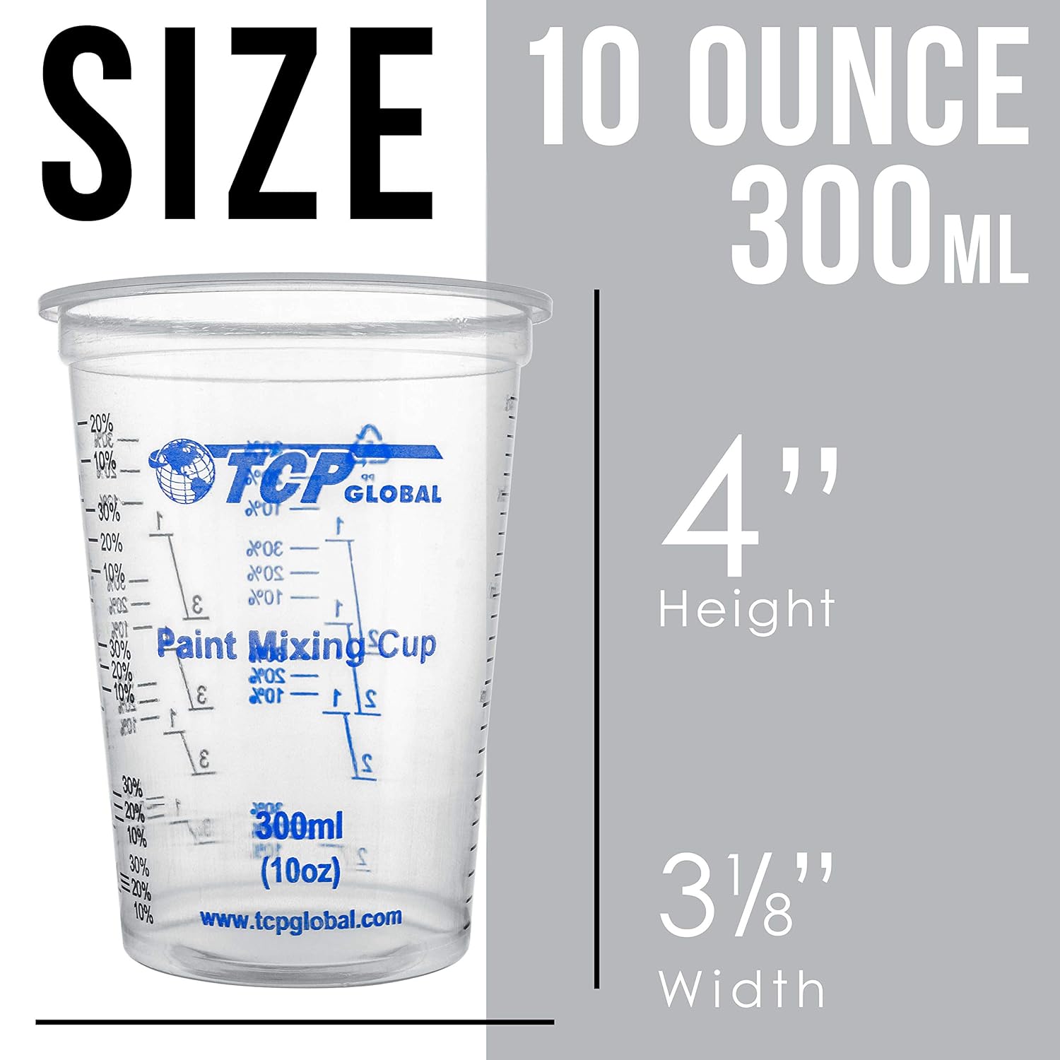 TCP Global 10 oz. (300ml) Graduated Plastic Mixing Cups - Box of 100 with 50 Mixing Sticks - Disposable Plastic Measuring Cups for Liquids, Paints, Resin, Epoxy, Art, Kitchen - Ratios 2-1, 3-1, 4-1 ML