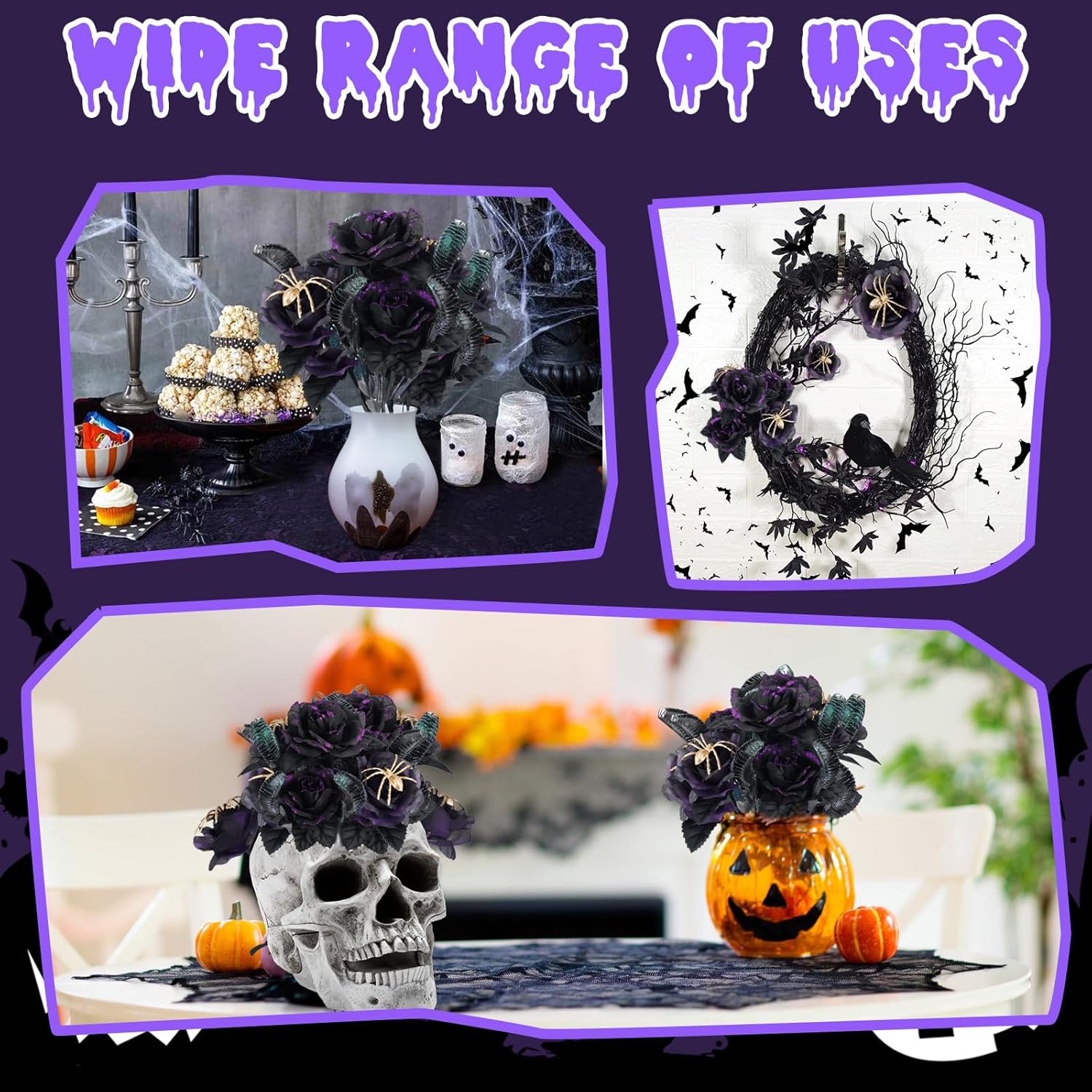 Halloween Bouquet Spider Artificial Roses Flowers,Fake Roses Faux Black Purple Roses For Halloween,Vase Arrgements Table Decoration