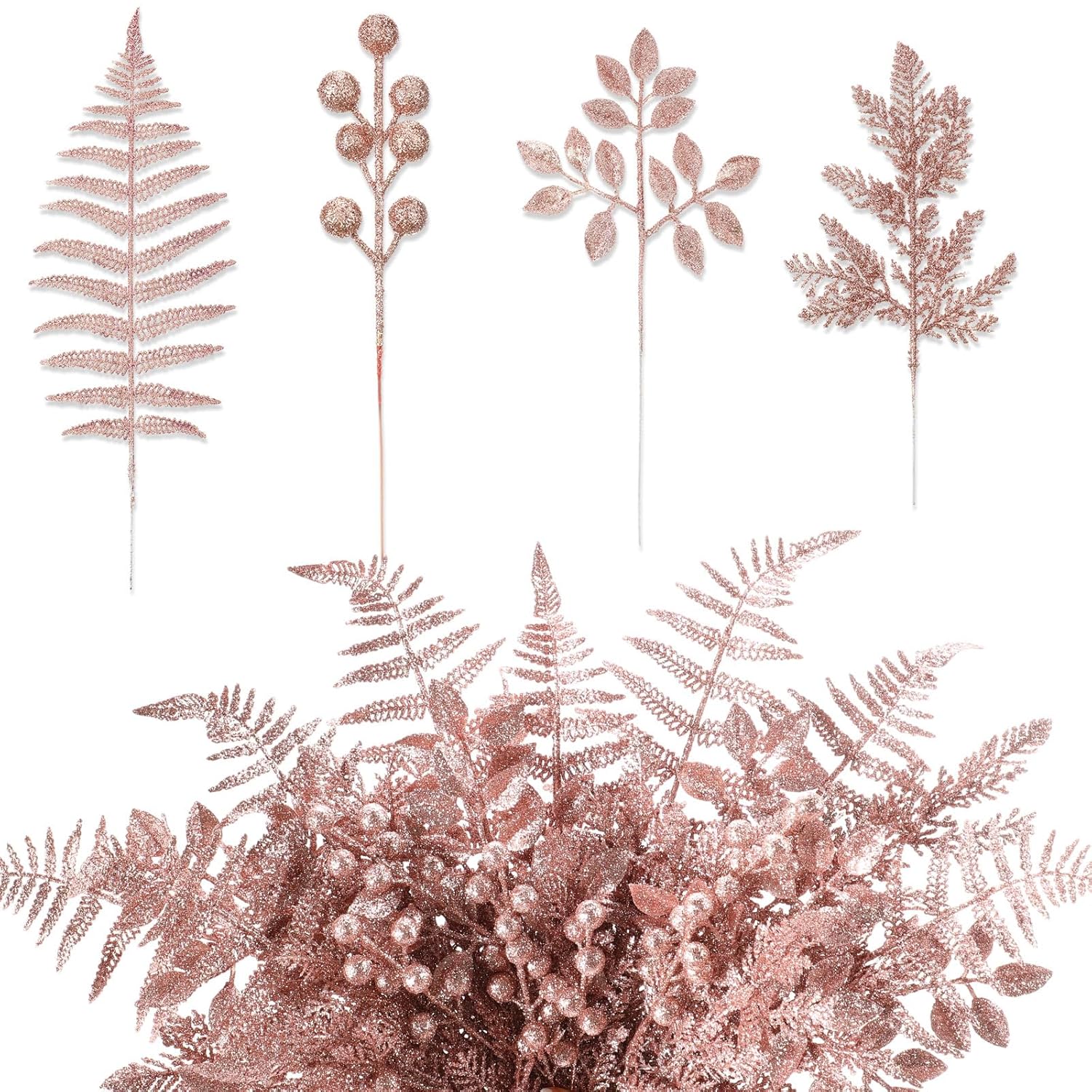 40 Pcs Christmas Glitter Artificial Picks Set Christmas Leaf Sprays Cedar Picks Glitter Berries Stems Tropical Leaf Pine Needles Christmas Stems Branches For Christmas Tree Vase Home(Rose)