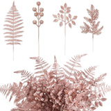 40 Pcs Christmas Glitter Artificial Picks Set Christmas Leaf Sprays Cedar Picks Glitter Berries Stems Tropical Leaf Pine Needles Christmas Stems Branches For Christmas Tree Vase Home(Rose)