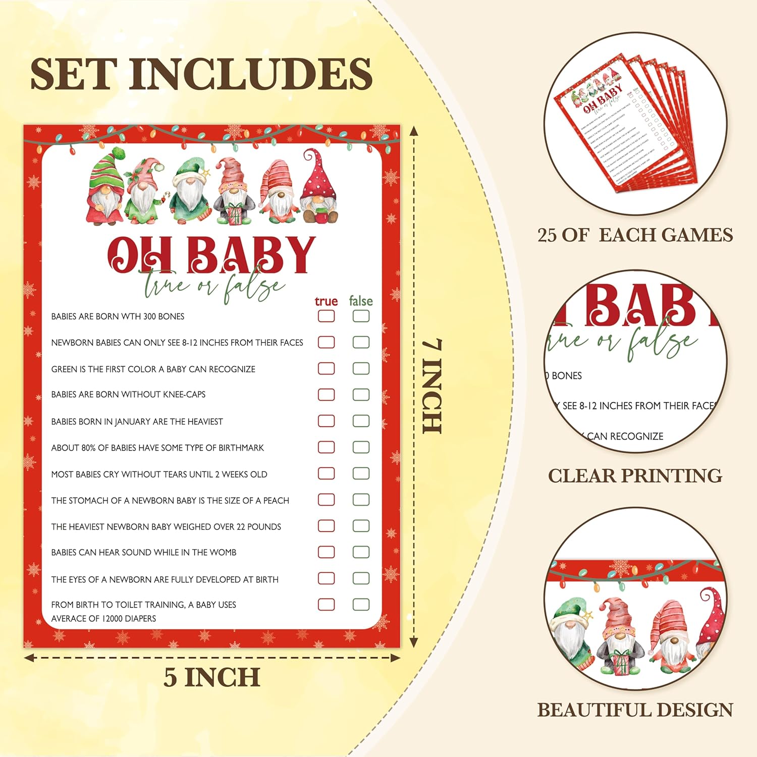 Christmas Baby Shower Games - Winter Festival Themed Gender Reveal Party Cards With Santa Gnomes Design, Holiday Party Supplies