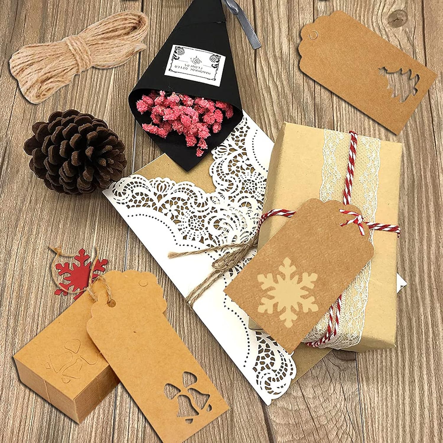 120Pcs Christmas Gift Tags Brown Kraft Paper Gift Tags Snowflake Reindeer Xmas Hanging Labels Tags With 32.8 Feet Jute Twine String For Christmas Holiday Present Wrap