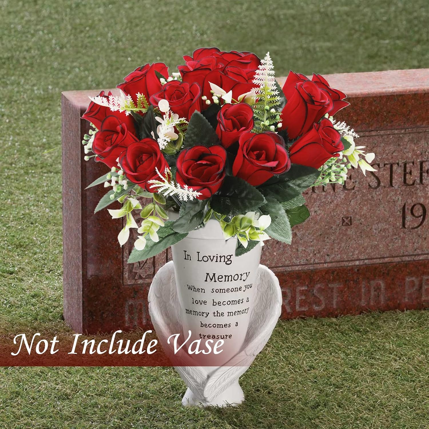 2Pcs Artificial Cemetery Flowers For Grave Silk Memorial Red Rose Flowers Outdoor Grave Flowers For Grave Vase Cemetery Flower Arrangements (Not Included Vase)
