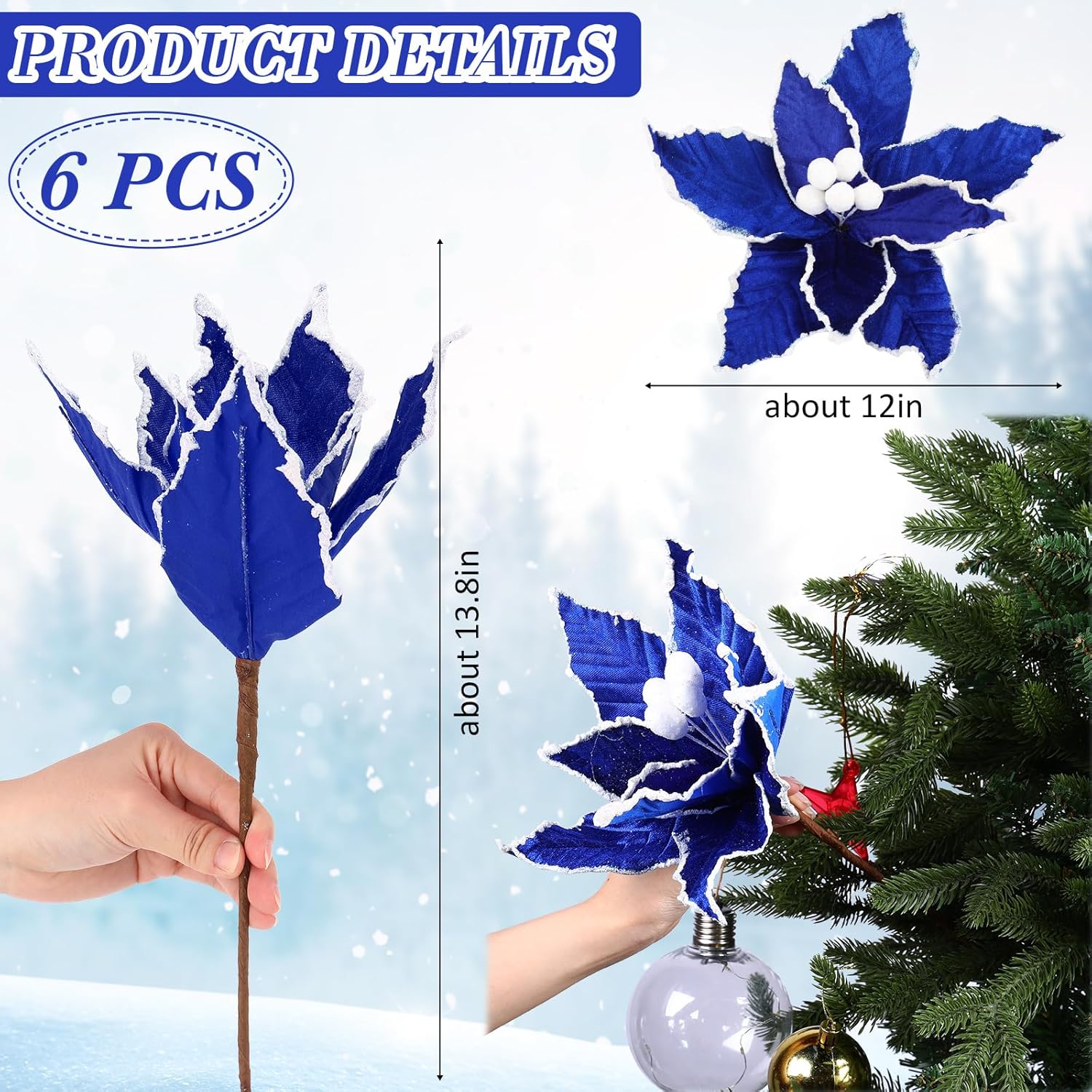 6 Pcs Royal Blue Christmas Poinsettia Flowers Artificial Large Poinsettia Picks Faux Frost Edged Flannel Flowers For Christmas Tree Ornament Holiday Decorations