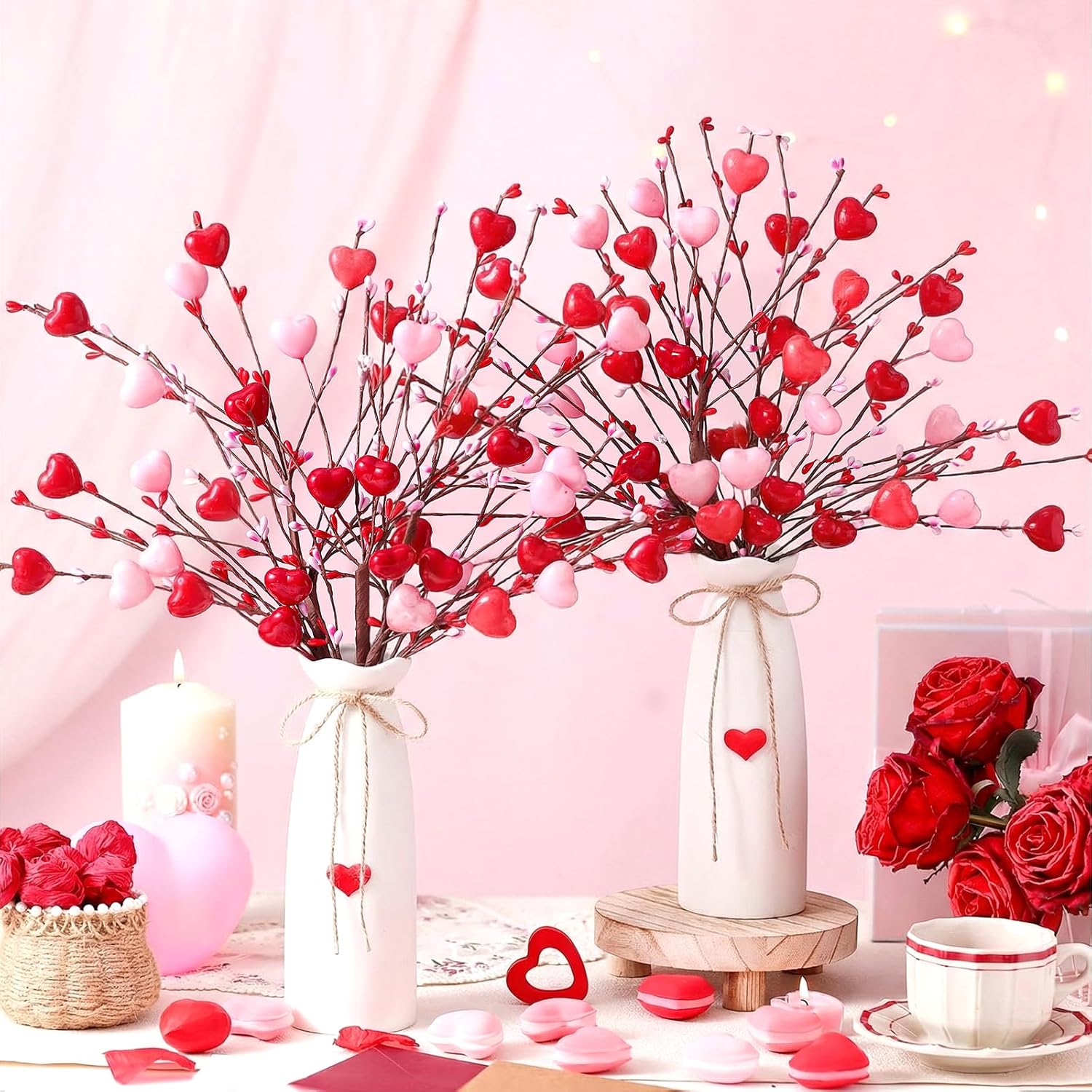 2 Set Valentine'S Day Decorations Valentine'S Day Flowers Berry Picks Stems And Vase Floral Berry Picks Branches Artificial Flower Red Pink Heart Stems Vase Gifts For Irish Table Centerpiece
