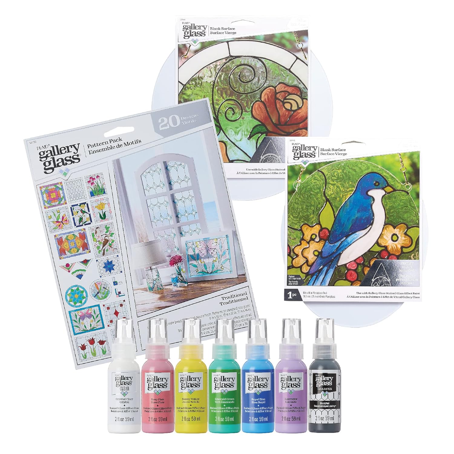 Gallery Glass PROMOGGSTR22 Stained Glass Painting Starter Kit, 10 Piece Set Including 6 Colors, 1 Bottle of Liquid Leading, 2 Plastic Surfaces and 1 Pattern Pack of 20 Molds