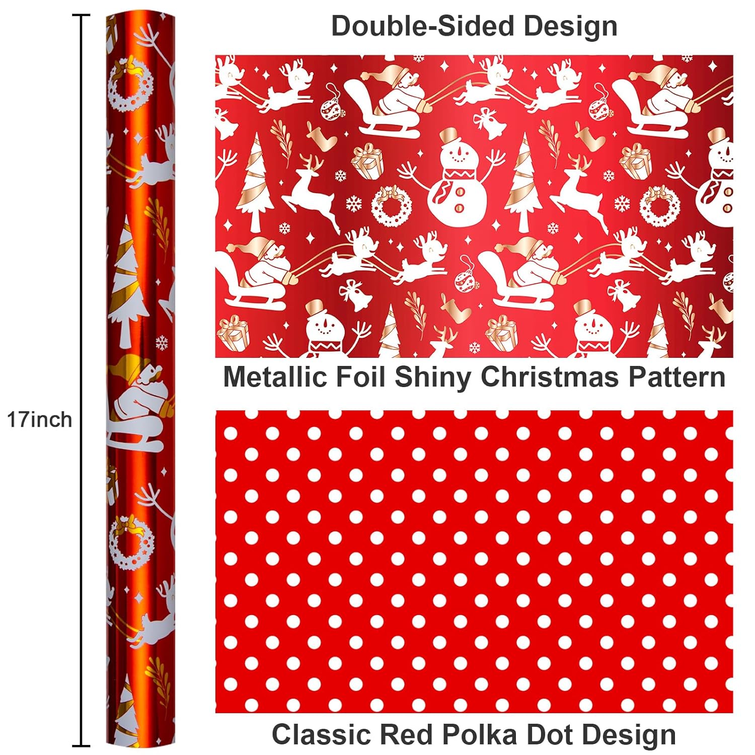 Reversible Christmas Wrapping Paper, Red Wrapping Paper, Metallic Foil Elegant Santa Sleigh, Snowman & Deer Design Christmas Gift Wrap For Holiday, New Year (Mini Roll, 17 Inch X 33 Feet)
