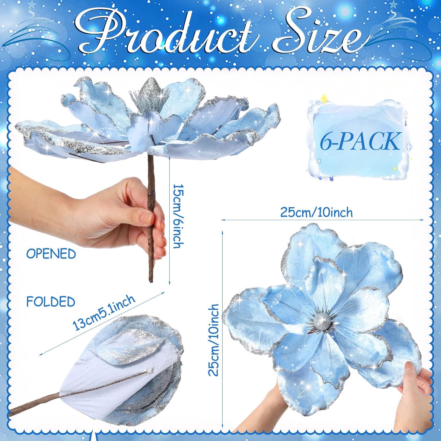 6 Pcs Large Christmas Glitter Flowers Velvet Christmas Magnolia Flowers 10 Inch Large Heads Artificial Poinsettia Picks Stems For Xmas Tree Ornaments Holiday Wedding Party Decor(Grayish Blue)